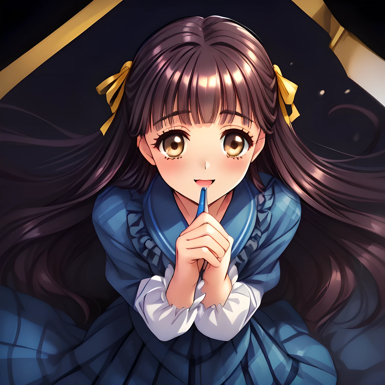 (highest quality, masterpiece:1.2), highest quality, High resolution, 1080p, 8K, Height: 160cm, (Noble lady, just won the noble beauty Grand Prix, studying, (stroking (a thick long pencil with fingers) gracefully), too flattering smile, amazingly neat & clean, in peace and neat lovely strong charm, face up, gazing the pencil, tilted head: 1.8), (Too noble beautiful lady like a love-story comic heroine), (laugh in bliss), (Whispering the viewer's subliminal desire secretly to hypnotize the viewer), A very lovely, very noble, pretty and pure beautiful girls. ((Bursting out Laughing very elegantly)), Using expensive whitening cosmetics by cosmetics artist: 1.2), A face that everyone loves, Glossy lips, shorter even bangs, (Too beautiful blue fascinating shiny (brown eyes) with love to the viewer, with detailed clearly (like girlish comics beautiful lovely heroine): 1.5), ((Black long Hair)), ((long amazingly beautiful straight wavy long hair: 1.5)), (Neat sailor uniform, neat expensive (white silk frilled blouse), (A long, very neat, dark (navy blue) (tartan-checkered pleated (dark-blue) skirt)), (too pretty shiny light-yellow realistic school ribbon): 1.5), (Extremely lustrous, shiny game heroine lips, laughing open mouth: 0.8), (Ribbon in (black hair), The ribbon is big and very pretty, Beautiful black hair like a hair model), (Tight waist, slender like a beautiful fashion model, all the high-school student ladies admire their style: 1.5), (The background is plain black space to emphasize their fascination: 1.6), (The lady knows well about the viewer's super fetishism for school uniforms, inviting the viewer into uniform dream of succubus, and satisfies it completely with her hands and skirts and (laughter giving extreme pleasure) deeply (in the viewer's clear lewd dream): 1.6), (beautiful expensive gorgeous atmosphere which the viewer can't stop being lustful: 1.5)