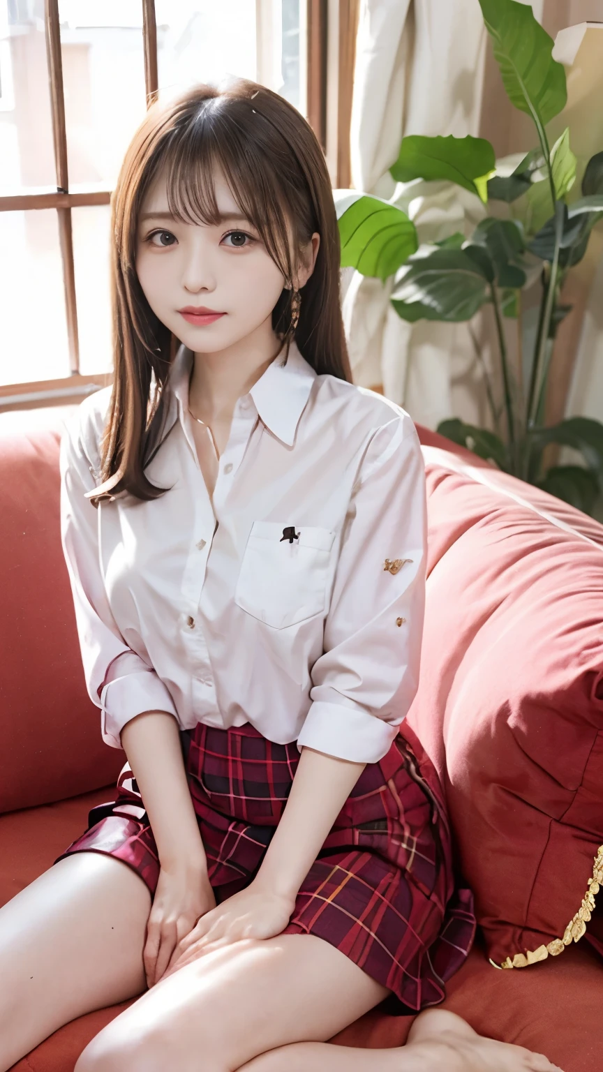 Real 16K high quality images 、 A room with Japanese New Year decorations 、 Cute high school girl、CA Staff Uniform、Athletic body that is not muscular 、Beautiful white ripe skin 、 Show me a beautiful hip line、 apply light makeup 、 Detailed Fingers 、ロングSofa、Sofa , Open both legs wide and open legs in an M shape 、 place her hands on her head、