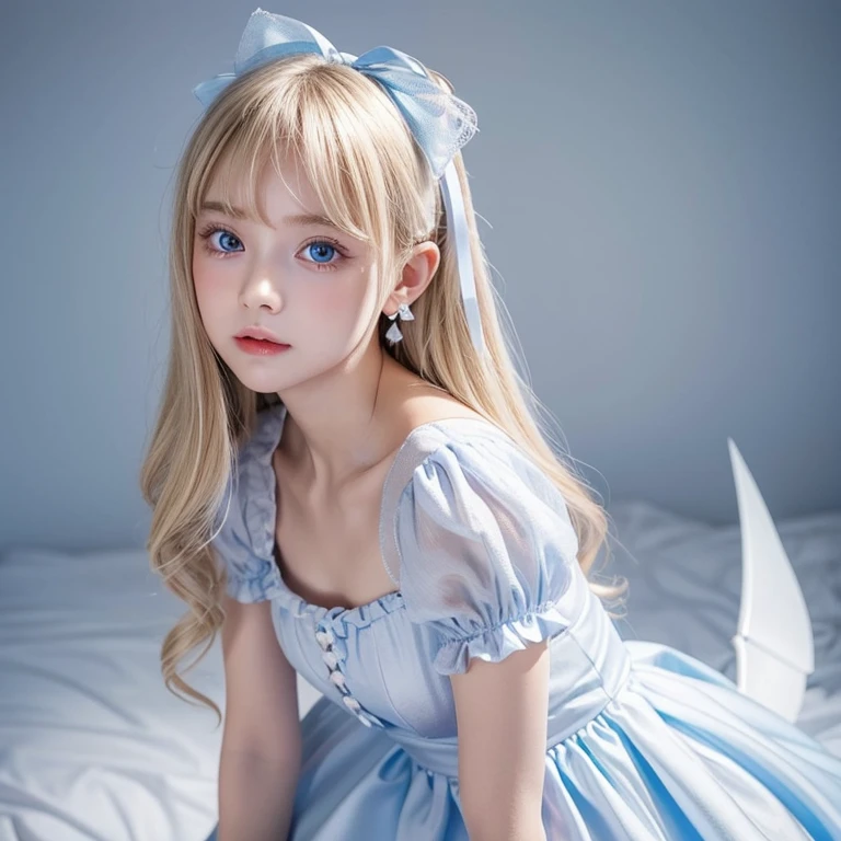 top-quality、超A high resolution、a picture、a photo of a cute girl、A detailed face、(pureerosface_v1:0.008)、alice in the wonderland、8years old、Blonde wavy hair、nudde、without makeup、