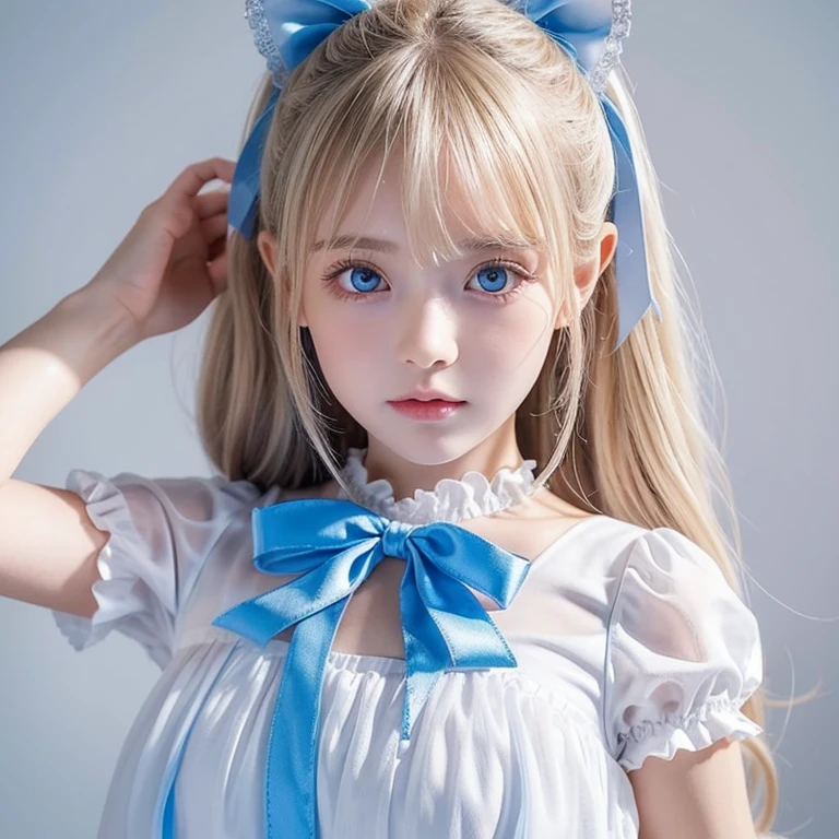 (Ultra-detailed), Cute light blue princess dress,(Frill dress),(Short sleeve),blue eyes,Upper Body、Close-up、face、Cute smile,Facing forward, 20-year-old, Teenage Girl,No tail,(No tail),2D, masterpiece, highest quality, And soul, Detailed Eyes, Big, bright, light blue eyes that shine beautifully、Detailed face, With a girl, Only one person,Blonde super long hair, (Blonde), Ear hair, , Single Blade, (Single Blade), (Side Blade), Pink ribbon, Ribbon on neck, (White sleeves), Background bokeh