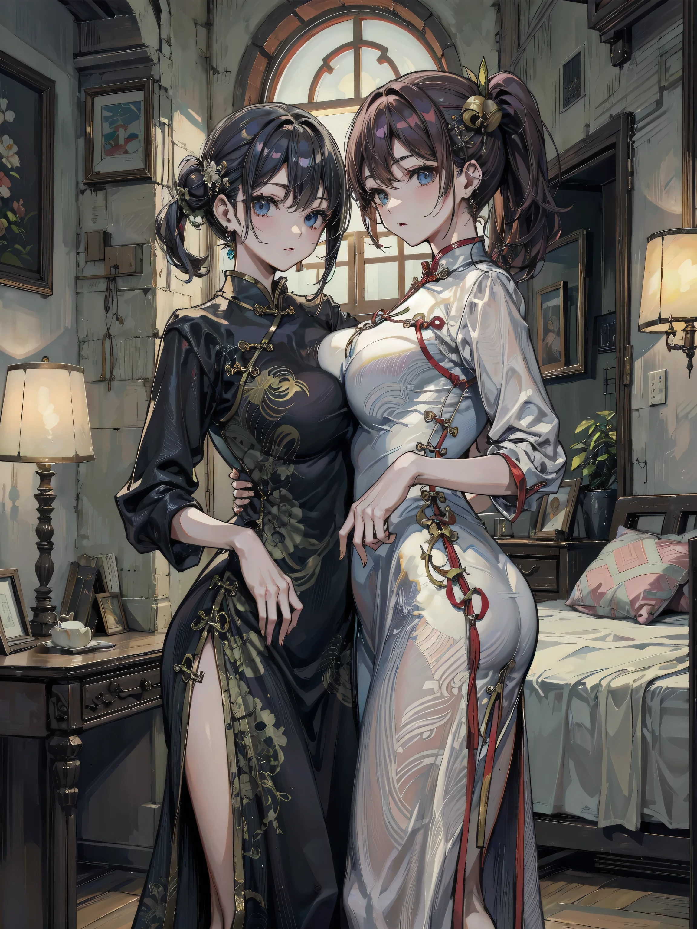 Two women in oriental clothes standing in front of mirror, two beautiful anime girls, guweiz, artwork in the style of guweiz, kawacy, Anime Girls, krenz cushart and wenjun lin, epic tale of the twin sisters, Trending on CGSTATION, anime cover, by Yang J, Two girls, sisterhood