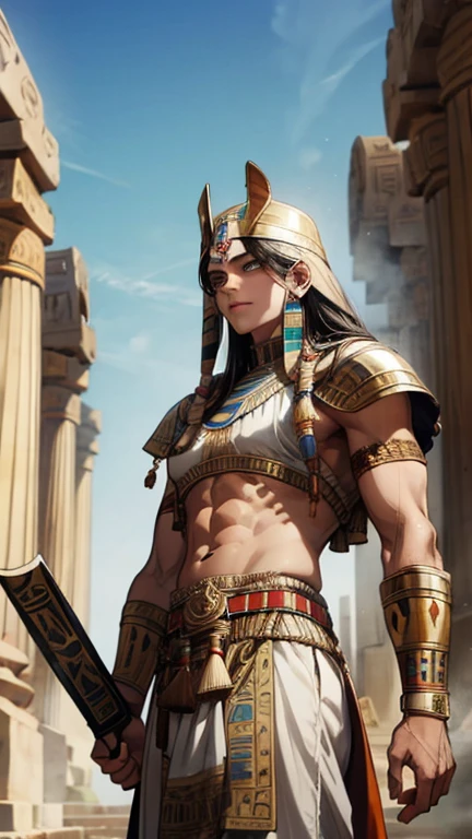 ((1male, solo, male_focus), Pharaoh, long black curly hair, (((Pharaoh crown))), handsome face, full_body, fantasy_themed, tanned skin, handsome, royal_attire)
(High-Definition, Sunlight:0.5, Atmospheric_lighting, 8k, 4k, hyper-realistic, elegant, ((((cinematic appearance)))), soft tones,  soft cinematic lights)
