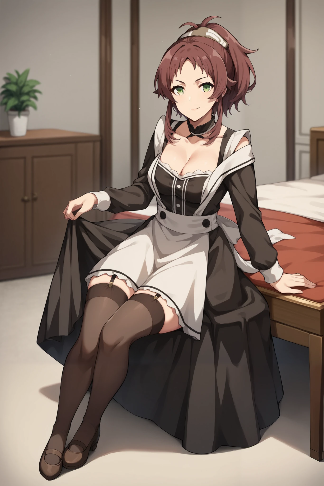 score_9, score_8_up, score_7_up, source_anime,
1girl, full body, looking at viewer,
indoors, aisha_greyrat, yellow green eyes, brown hair, ponytail, sidelocks, bangs, long hair,
maid outfit, off-shoulder dress, tight skirt, thighhighs, garter straps, cleavage, elegant yet sexy, detailed clothing, mature female,
slender waist, curvy hips, larger bust, soft skin, defined collarbone, feminine figure, confident pose, seductive expression, slight smirk, alluring gaze, adult aura