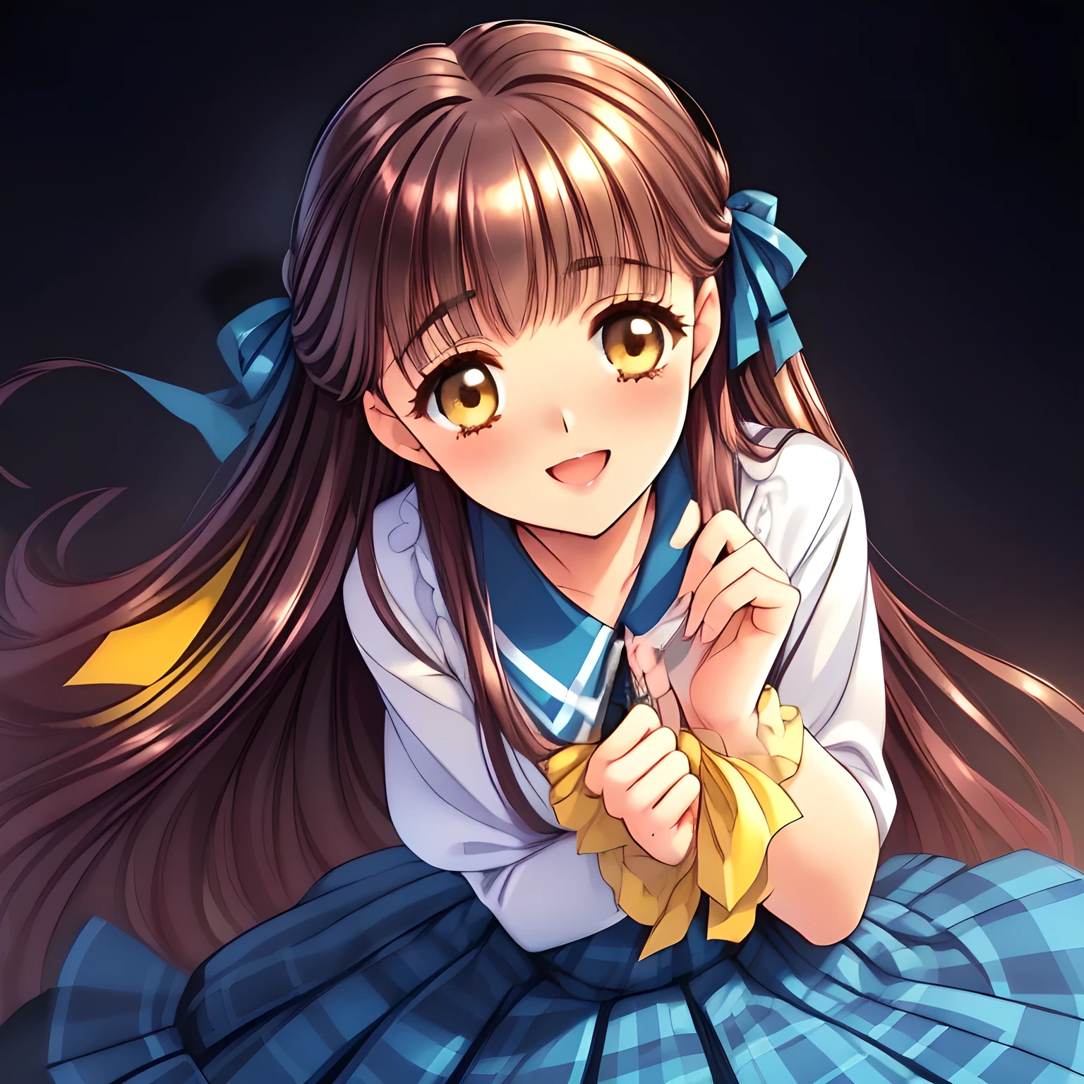 (highest quality, masterpiece:1.2), highest quality, High resolution, 1080p, 8K, Height: 160cm, (Noble lady, just won the noble beauty Grand Prix, studying, (stroking (a thick long pencil with fingers) gracefully), too flattering smile, amazingly neat & clean, in peace and neat lovely strong charm, face up, gazing the pencil, tilted head: 1.8), (Too noble beautiful lady like a love-story comic heroine), (laugh in bliss), (Whispering the viewer's subliminal desire secretly to hypnotize the viewer), A very lovely, very noble, pretty and pure beautiful girls. ((Bursting out Laughing very elegantly)), Using expensive whitening cosmetics by cosmetics artist: 1.2), A face that everyone loves, Glossy lips, shorter even bangs, (Too beautiful blue fascinating shiny (brown eyes) with love to the viewer, with detailed clearly (like girlish comics beautiful lovely heroine): 1.5), ((Black long Hair)), ((long amazingly beautiful straight wavy long hair: 1.5)), (Neat sailor uniform, neat expensive (white ivory silk frilled blouse), (A long, very neat, dark (navy blue) (tartan-checkered pleated (dark-blue) skirt)), (too pretty shiny light-yellow realistic school ribbon): 1.5), (Extremely lustrous, shiny game heroine lips, laughing open mouth: 0.8), (Ribbon in (black hair), The ribbon is big and very pretty, Beautiful black hair like a hair model), (Tight waist, slender like a beautiful fashion model, all the high-school student ladies admire their style: 1.5), (The background is plain black space to emphasize their fascination: 1.6), (The lady knows well about the viewer's super fetishism for school uniforms, inviting the viewer into uniform dream of succubus, and satisfies it completely with her hands and skirts and (laughter giving extreme pleasure) deeply (in the viewer's clear lewd dream): 1.6), (beautiful expensive gorgeous atmosphere which the viewer can't stop being lustful: 1.5)
