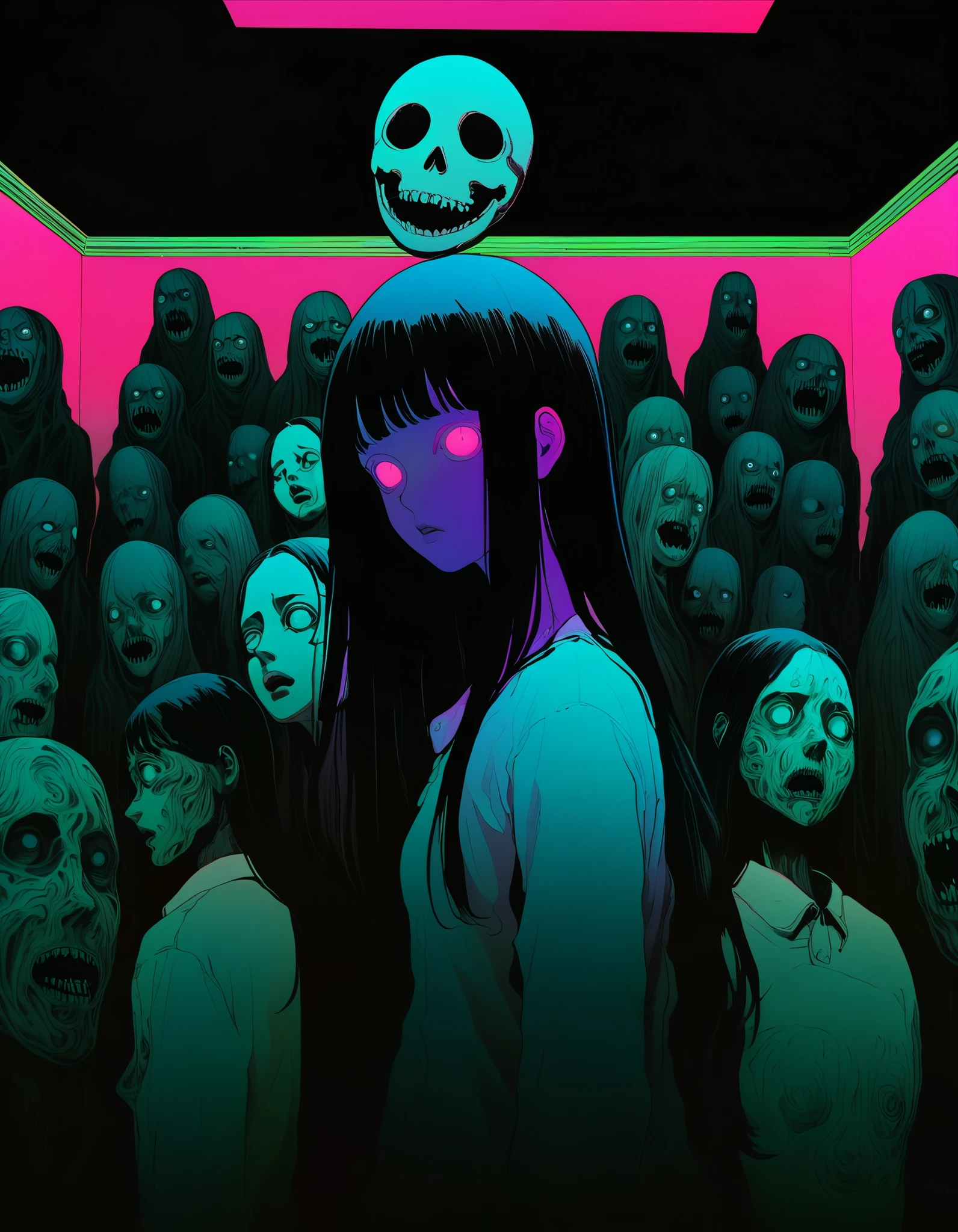 An illustration、art、70s horror movie posters, Supervised by Junji Ito、High detail, Realistic Shadows、Analog Style, chromatic aberration, Surrealism、Complementary Gradient, Girl in the middle, creepy heads around, dark