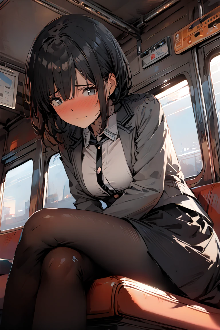 makima, makima, long hair, smile, closed mouth bangs, medium breasts, (yellow eyes:1.2), braid, blue pool hair, braided ponytail, ringed eyes, BREAK shirt, long sleeves, jacket, white shirt, cleavage, sitting on table, loose necktie, collared shirt, pants, black jacket, black blazer, black pants, formal, suit, loose black necktie, shirt tucked in, office lady, BREAK indoors, office, BREAK looking at viewer, BREAK (masterpiece:1.2), best quality, high resolution, unity 8k wallpaper, (illustration:0.8), (beautiful detailed eyes:1.6), extremely detailed face, perfect lighting, extremely detailed CG, (perfect hands, perfect anatomy),