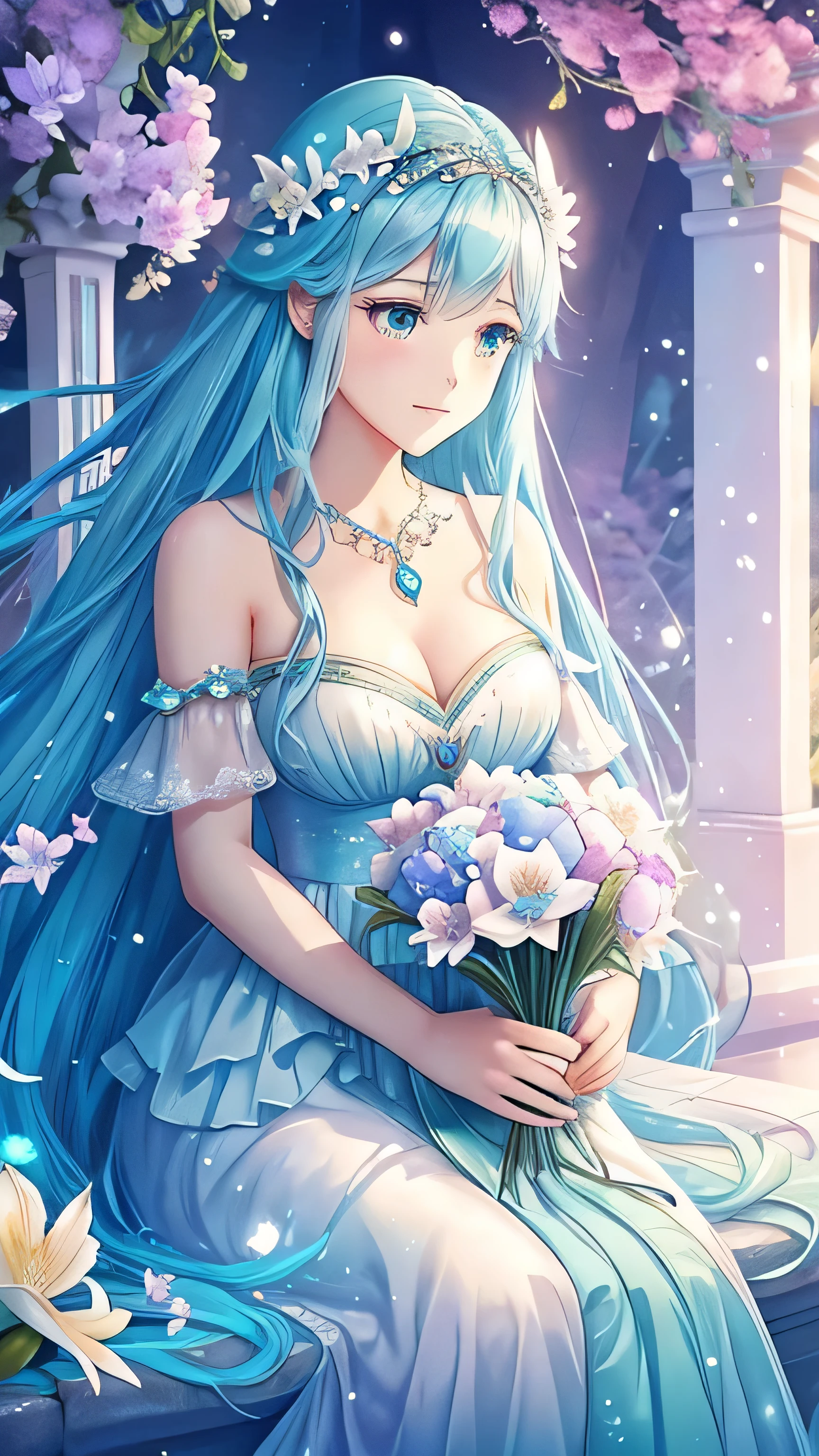 ((best quality)), ((masterpiece)), ((Very detailed)), (illustration), (Detailed lighting), (an extremely delicate and Fair), ((prune)), excellent_absurd, (Ray Tracing), (reflected light) rest (8K:1.3), 1 girl, (Girl in the flowers:1.4), (Pure sky blue hair, Red Eyes:1.5), Clear skies, External, Very detailed, best quality, Ultimate quality, masterpiece, Fair, beautiful, sit on the floor, (Absurdly long hair, Clear fabric borders:1.4), (Pure white dress, Pure white silk cloth:1.5), (Flower land, A thousand flowers, Colorful flowers, Flowers around her, Various flowers:1.51), young, Mild maturity,Curved,Astonishing, attractive, Sundress,Charm , Pure white shoes