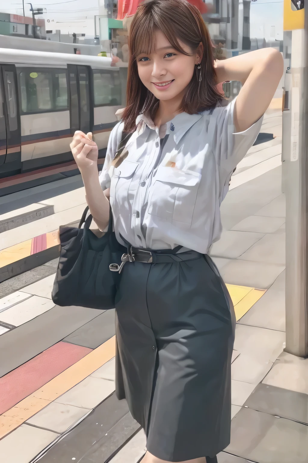 ( Masterpiece:1.2, Top Quality :1.2), 32kHDR, Hi-Res、( Daytime building roof 、 professional lighting)、Building rooftop background、( Tokyo subway woman crew uniform )、( Tokyo subway woman crew uniform blouse short sleeve 、 above knee culotte skirt、 waist belt )、(Long brown hair )、( bun hair with hair tied together )、 thin legs、(( amazing hands:2.0)),((harmonious body proportions:1.5)),((Normal limbs:2.0)),((The usual :2.0)),(( Delicate Eyes:2.0)),((Normal eyes:2.0)))、(Tokyo Subway woman crew uniform above knee culotte skirtを見せた美しい立ち姿) 、 Place your right hand over your head 、 Shy smile