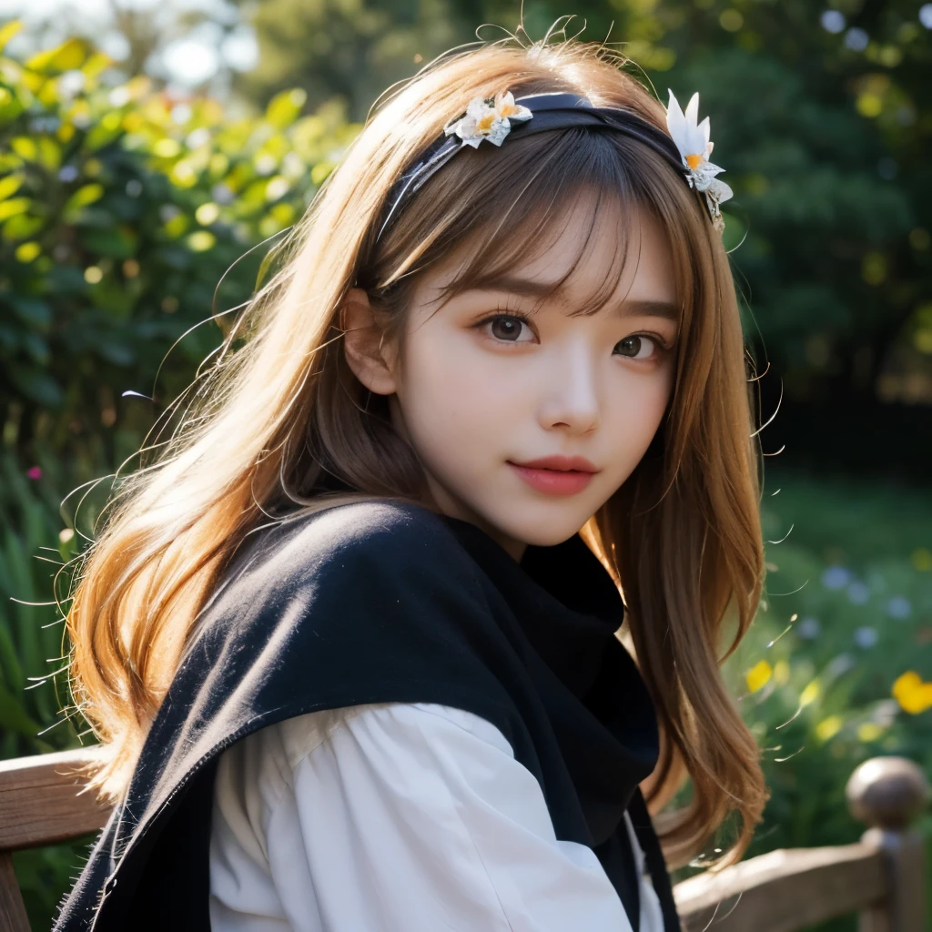  Masterpiece、 tell me about 1 beautiful girl、 beautiful eyes、smile,Swollen eyes、 top quality, 超 Hi-Res, (reality: 1.4),  Movie Lighting、 so beautiful、 beautiful skin、Forward facing body、 upper body, face close-up,( super realistic)、( Hi-Res)、(8k)、(very well detailed )、(美しく beautiful eyes)、( very detailed)、 (wall-)、 detailed face、 bright lighting 、  professional lighting 、 staring at viewers、 looking straight ahead 、 oblique bangs、Perfect cosplay,  top quality, very detailed, in the seat, alone,magical princess,  blonde hair,Blue clothes,  blue skirt from , brown eyes, Feather Hairband , long hair, shoulder guard, Bbo~, red scarf , tiara , white shoes , Flower field background,Prepare the bow