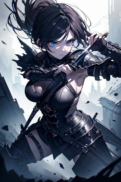 gloomy gothpunk Bloodborne female knight, angry, cloudy foggy misty setting, vast desolate field, castle in far distance, black eyeliner, black eyeshadow, tomboy, short hair, hair between eyes, side-locks, medieval intricate elaborate knight armor, narrow waist, wide hips, overcast