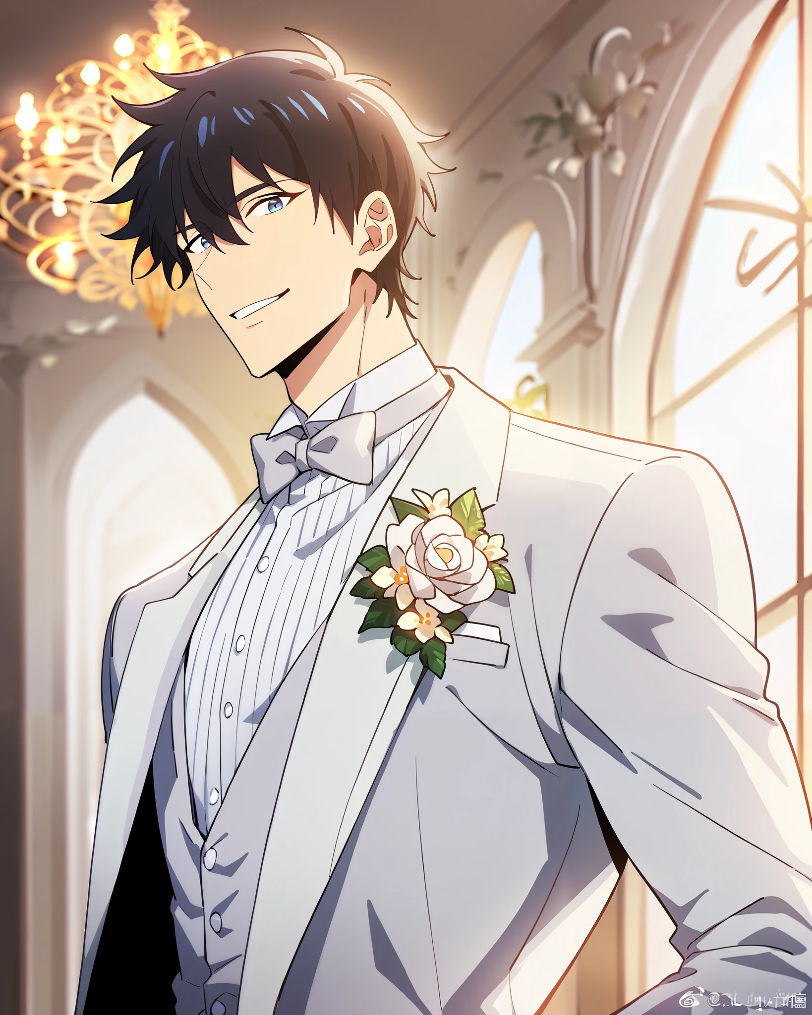 score_9, score_8_up, score_7_up, 1boy, male focus, source_anime, sungjinwoo, black hair, blue eyes, pectorals, wedding, wearing a perfectly tailored black suit with a white dress shirt and a bow tie, He's smiling, solo, looking at viewer, best quality, amazing quality, best aesthetic, absurdres, year 2023, A luxurious wedding hall, grand chandeliers, elegant aisle, soft golden lighting, high ceiling,