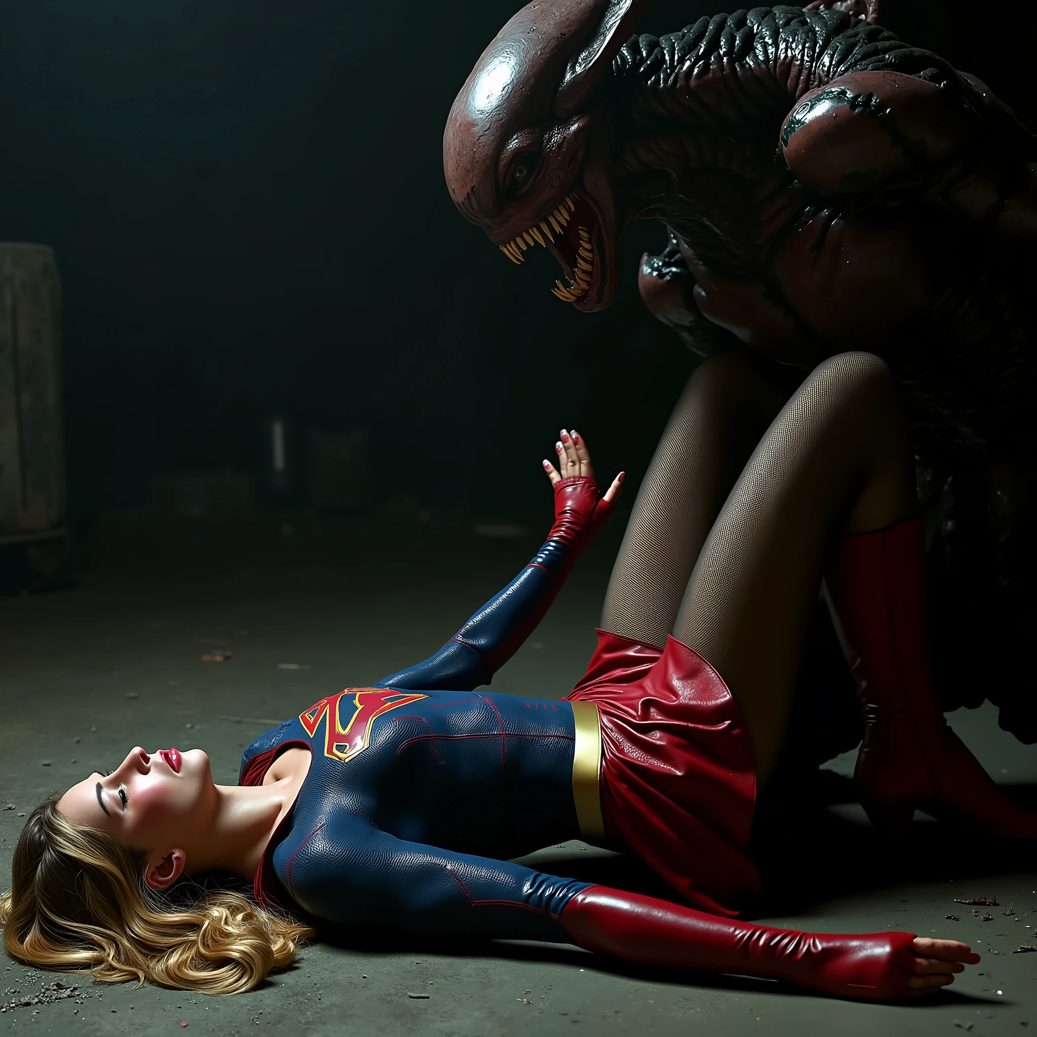 Supergirl is fighting with a huge alien monster, very bright white skin, can see whole body, She is wearing a thin black pantyhose, short red leather fabric skirt, red knee height long boots, blonde hair, She is unconscious, seriously injured, painful, a huge body fierce Alien Monster assault Supergirl, photorealistic, hyperrealism, night time, underground cave,