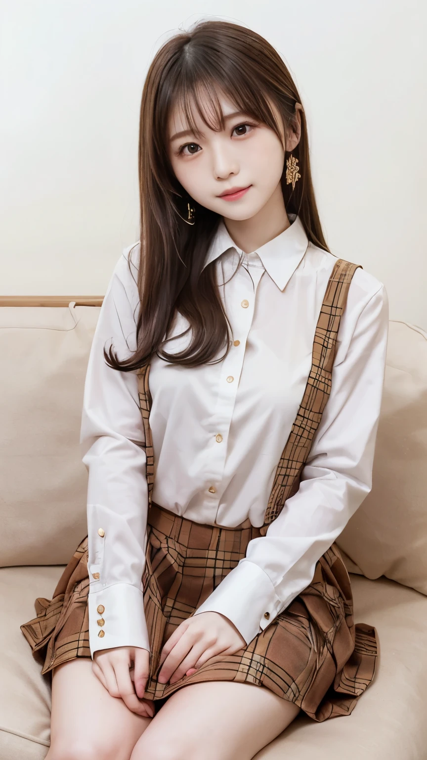 ((Kumiko Goto:1.3))Beautifully detailed face、Pale skin、Realistic glowing skin、Detailed cloth texture、Detailed hair texture、Perfect body、Beautiful Face、correct、Anatomically correct、 Highly detailed face and skin texture、Natural neck length、(Beautiful Hands)、(Fair skin:1.2)、Thin legs、Thin legs、 break 細かい目元、Symmetrical eyes、Light brown eyes、double eyelid、Thin eyebrows、(Glossy Lips:1.4)、((A kind smile:1.2))、(blush:1.1)、 break (Elegant and pretty girl:1.3)、Medium-sized large breasts、(Slim figure:1.1)、Toned Abs、Beautiful clavicle、 (Dark Blonde、Wavy Hair、Long Hair:1.2)、(Cowboy Shot:1.2)、((Hotel reception background, Blurred Background:1.4)), ((wearing white long sleeve button up blouse,Pleated mini skirt with many checked folds:1.3))、((Place your left hand gently on your chin:1.3))