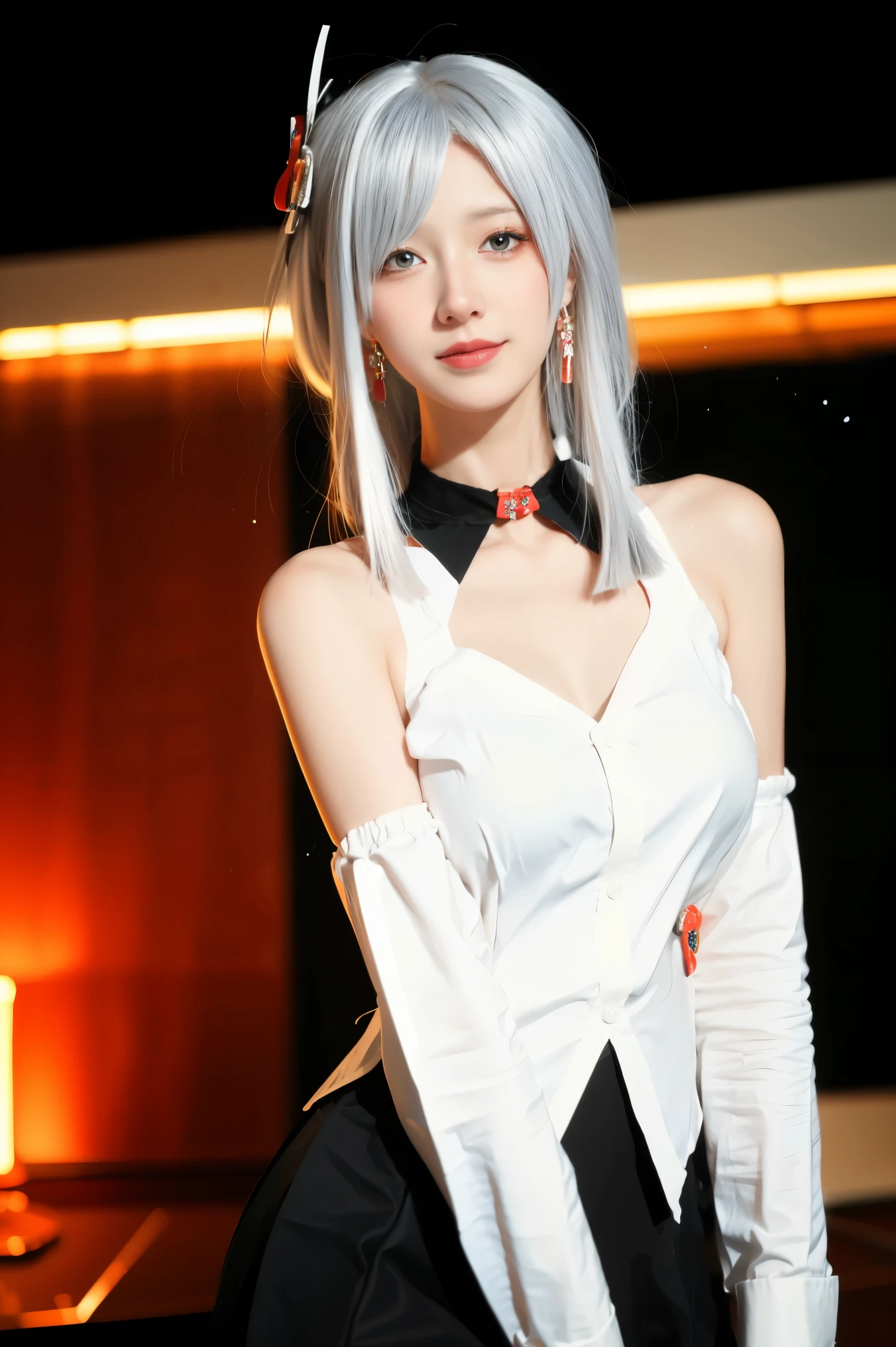 best quality, tmasterpiece,Ultra-high resolution,Clear face,(Reality:1.4),ferpect lighting, (upper body photo), ( photorealistic:1.50), anime wallpaper, Guviz style artwork, cover-up fantasy up to magic , By Yang J, Guviz, beautiful artwork illustration, beautiful digital artwork, beautiful digital illustration, Li Song, beautiful anime portrait, art style in Beauvot, 1girl , indoors, soft lighting, absurdres, looking at the audience, solo, long hair, serafuku, official art, formal alternative costume, blunt bangs, hair bands, hair bands, red ribbons, sailor shirts, sailor collars, pleated skirts, petticoats, black ribbon, cate, Looking viwer, Bare shoulders, (hair ornament), Earring, jewelry, white hair, One eye is covered by hair, smile,