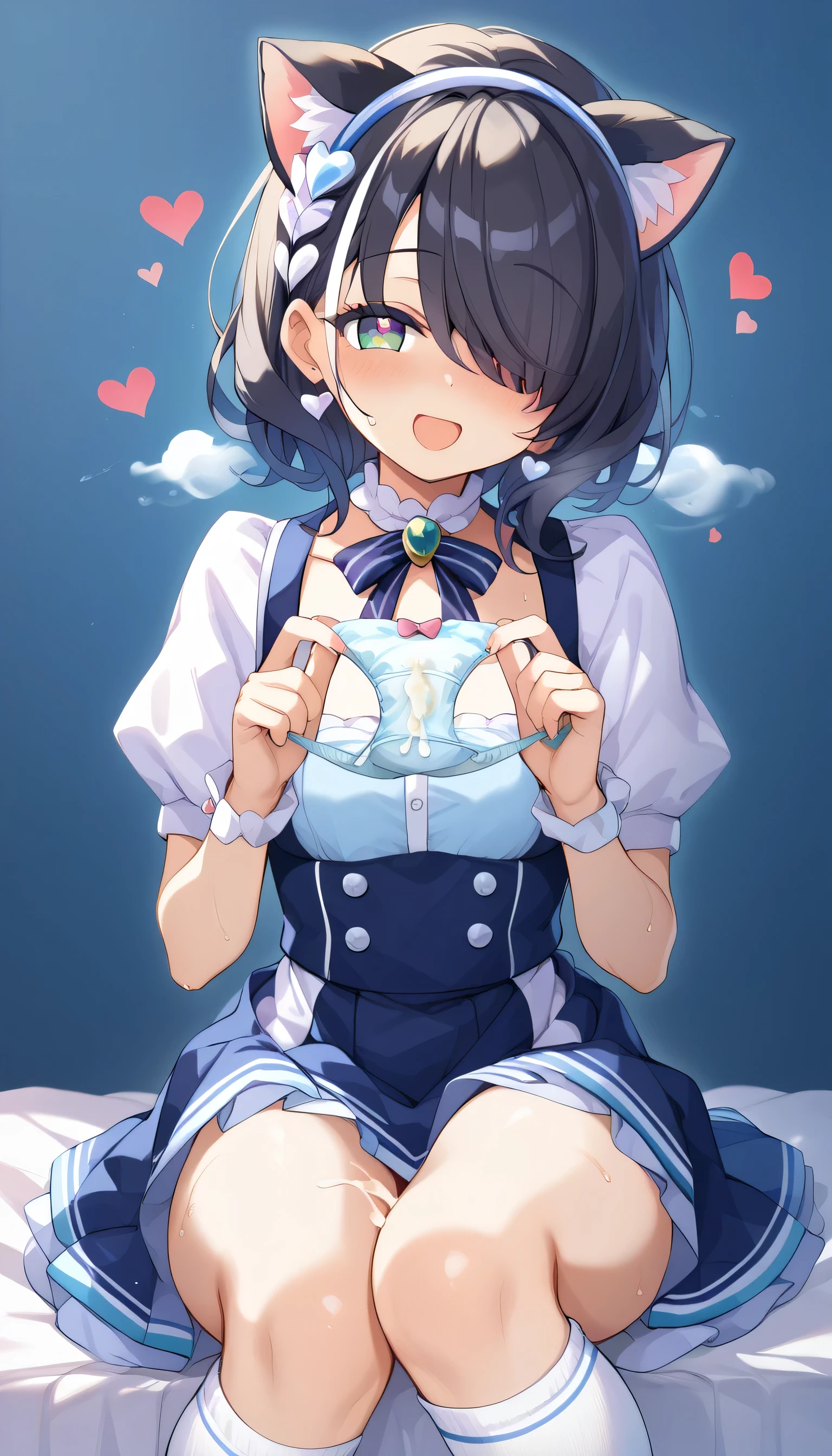 best quality、masterpiece、 front view、looking at viewer、nsfw、sweat、(((vapor)))、(( shiver))、(( heart))、Hair over eyes、 black hair、(trembling)、heart shaped eyes、 short hair、Cat ears、open mouth、 thigh high socks、((holding panties)), unworn panties、present Panties、 skirt by humili、(((cum on Panties)))、(clothes)、 idol costume