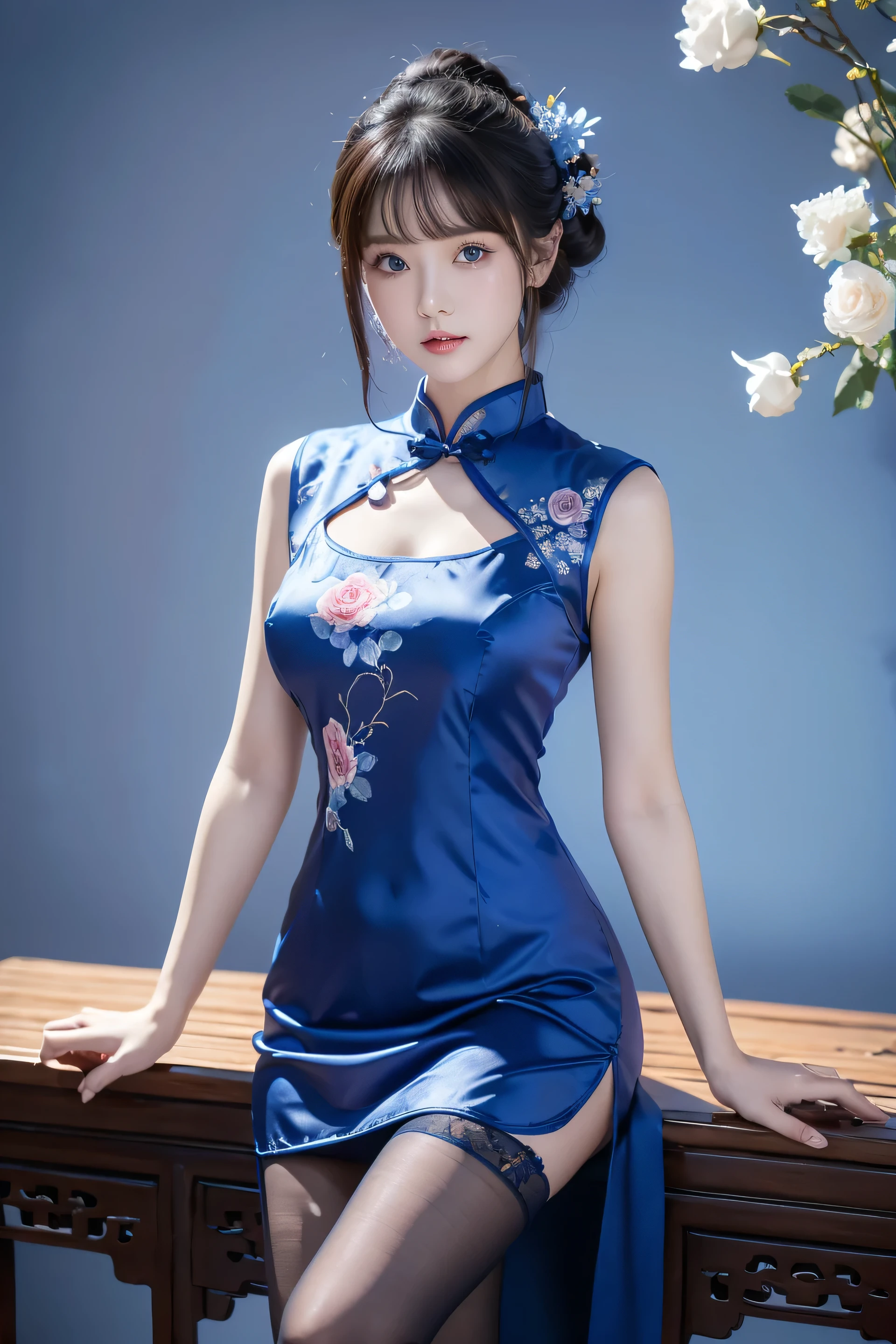 Cheongsam, 1 girl, blue bow, blue eyes, blue flowers, blue ribbon, blue rose, chest, Chinese clothing, Chinese clothing, dress, flower, gradient, gradient background, embroidered ball flower, looking at the audience, small chest, pantyhose, rose, single, thigh pantyhose, Chinese paper fan with painting on it,