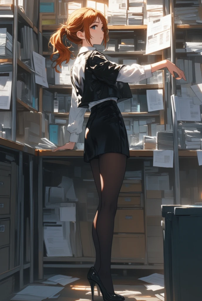 Show the whole body, view from the side(one woman) (doing office work) (trying to take documents from the shelf) Beautiful anime style portrait, Detailed portrait of beautiful anime style girl, Beautiful anime style portrait, Beautiful anime woman, Digital animation illustration, Anime style portrait, realistic, Beautiful anime girls, Animation Illustration Top Quality , masterpieces , ultra high resolution, beautiful legs Beautiful Upper Body Beautiful Lower Body 2 Perfect Legs perfect five fingers beautiful eyes detailed eyes detailed face (Squinting your eyes and trying your best) (Chestnut-haired woman stretches her right arm upward to retrieve documents) (put your right hand on the cupboard) (stand on tiptoe) (hair tied back) (office clothes,black jacket over white blouse, black tight skirt) (Thin black tights, black high heels)