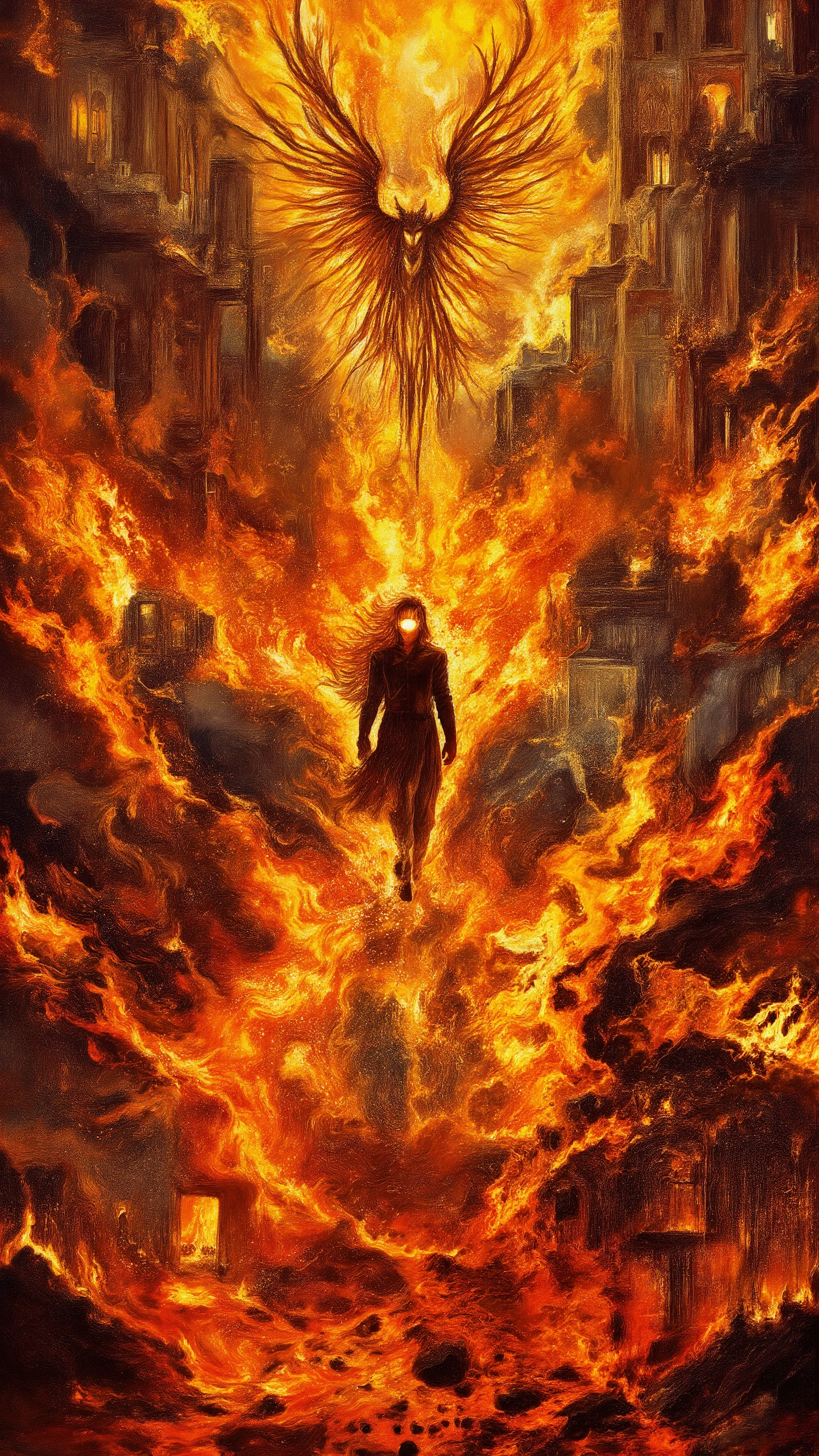 hellfire's wrath, a symbolic figure engulfed in infernal flames, dynamic and dramatic full-body pose, fire consuming the surroundings in a vivid inferno, roaring embers reflected in the figure’s eyes, burning ruins in the background, deep shadows contrasting with the fiery glow, intense atmospheric lighting, embers drifting through the air, apocalyptic scenery, ash-covered ground, surreal and overwhelming devastation, fantasy illustration style, intricate detailing in flames and destruction, vivid and aggressive color palette, the figure standing defiantly amidst chaos, stylized movement as the fire twists around them, overwhelming sense of catastrophe, powerful and dramatic composition