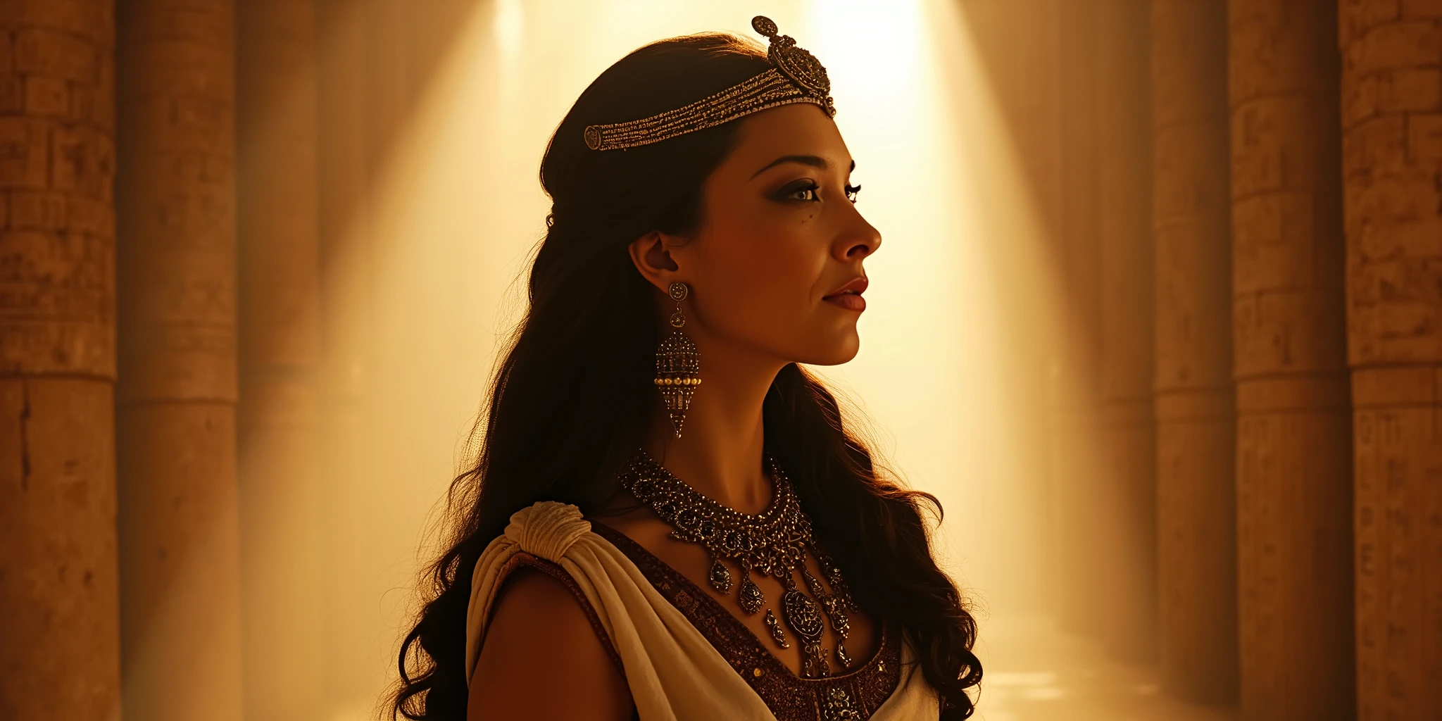 The image showcases a striking portrayal of Cleopatra, set against an ancient Egyptian backdrop. The composition is rich with intricate hieroglyphs and grand stone architecture, framing the character in a regal manner. Cleopatra is adorned in opulent jewelry and traditional attire, her expression exuding confidence and allure. Volumetric light streams through the scene, casting ethereal rays that illuminate her features, enhancing the mystical ambiance. The warm, golden hues of the lighting contrast beautifully with the cooler tones of the background, creating a dynamic visual depth that draws the viewer's eye. The genre blends historical fantasy with realism, inviting an exploration of ancient Egyptian culture through a contemporary artistic lens.