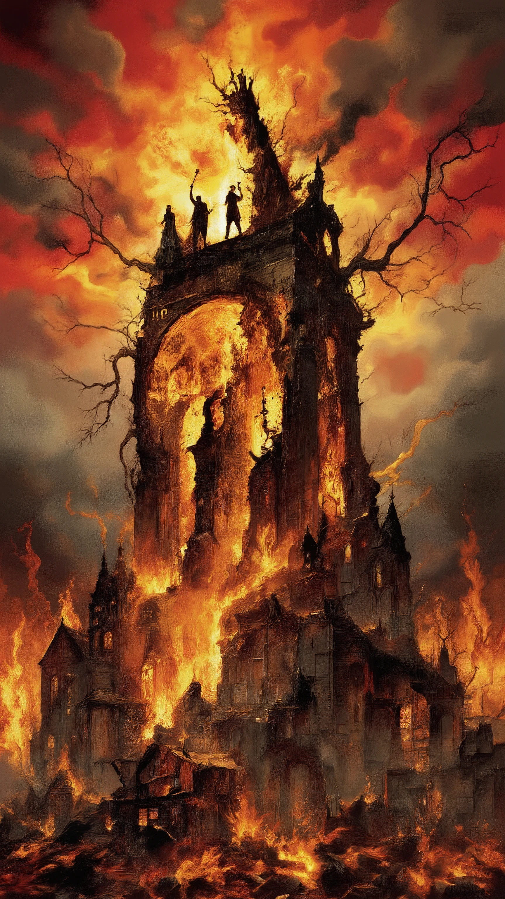 gothic horror, cinematic composition, ultra-detailed, a cursed monument burning in hellfire, its form cracking and collapsing under the relentless blaze, dark silhouettes writhing within the flames, infernal symbols glowing on shattered stone, thick smoke rising into the blood-red sky, unnatural tendrils of fire creeping across the ruins, distorted echoes of suffering carried by the wind, deep contrast between the molten glow and the consuming darkness
