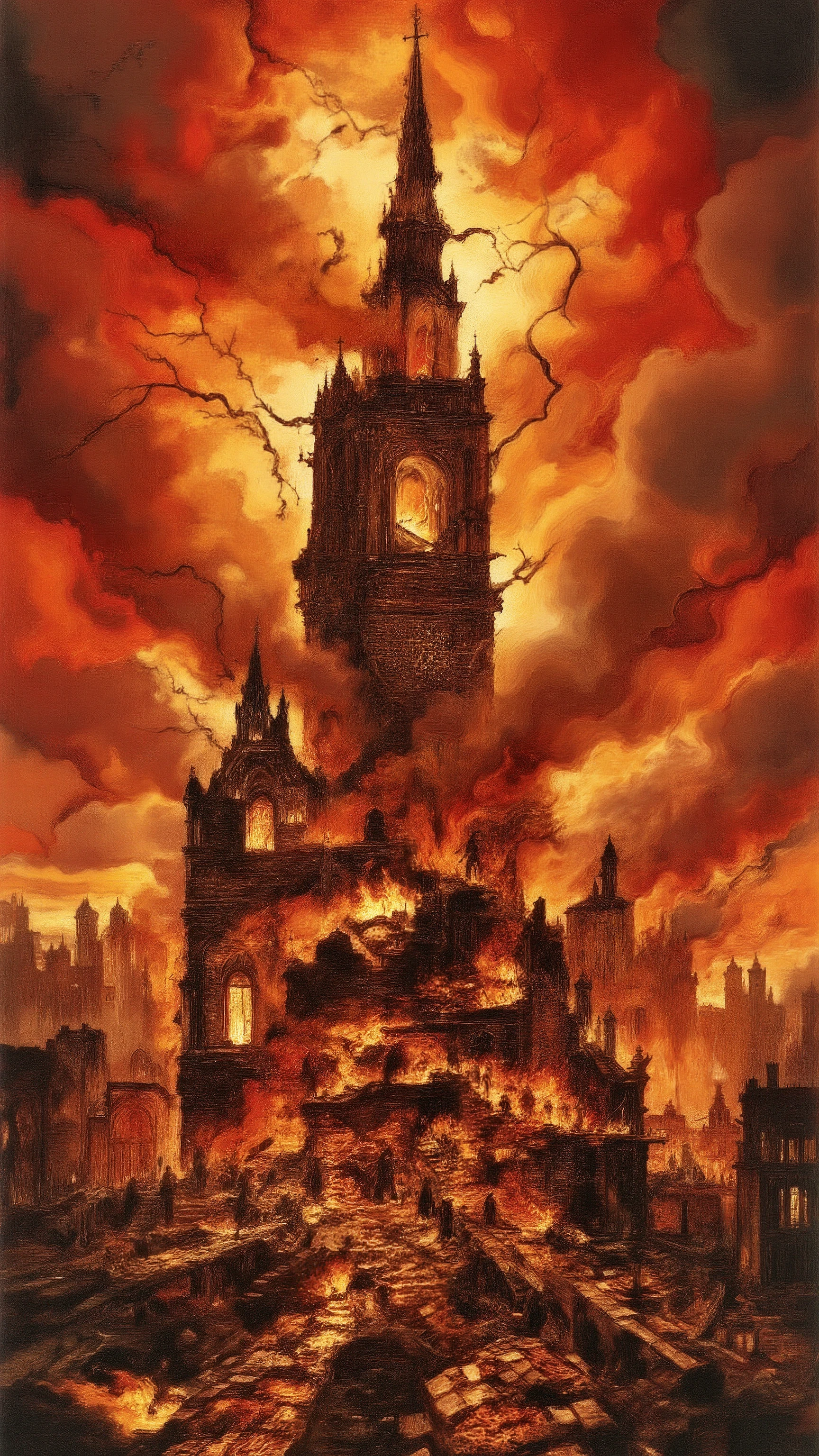 gothic horror, cinematic composition, ultra-detailed, a cursed monument burning in hellfire, its form cracking and collapsing under the relentless blaze, dark silhouettes writhing within the flames, infernal symbols glowing on shattered stone, thick smoke rising into the blood-red sky, unnatural tendrils of fire creeping across the ruins, distorted echoes of suffering carried by the wind, deep contrast between the molten glow and the consuming darkness