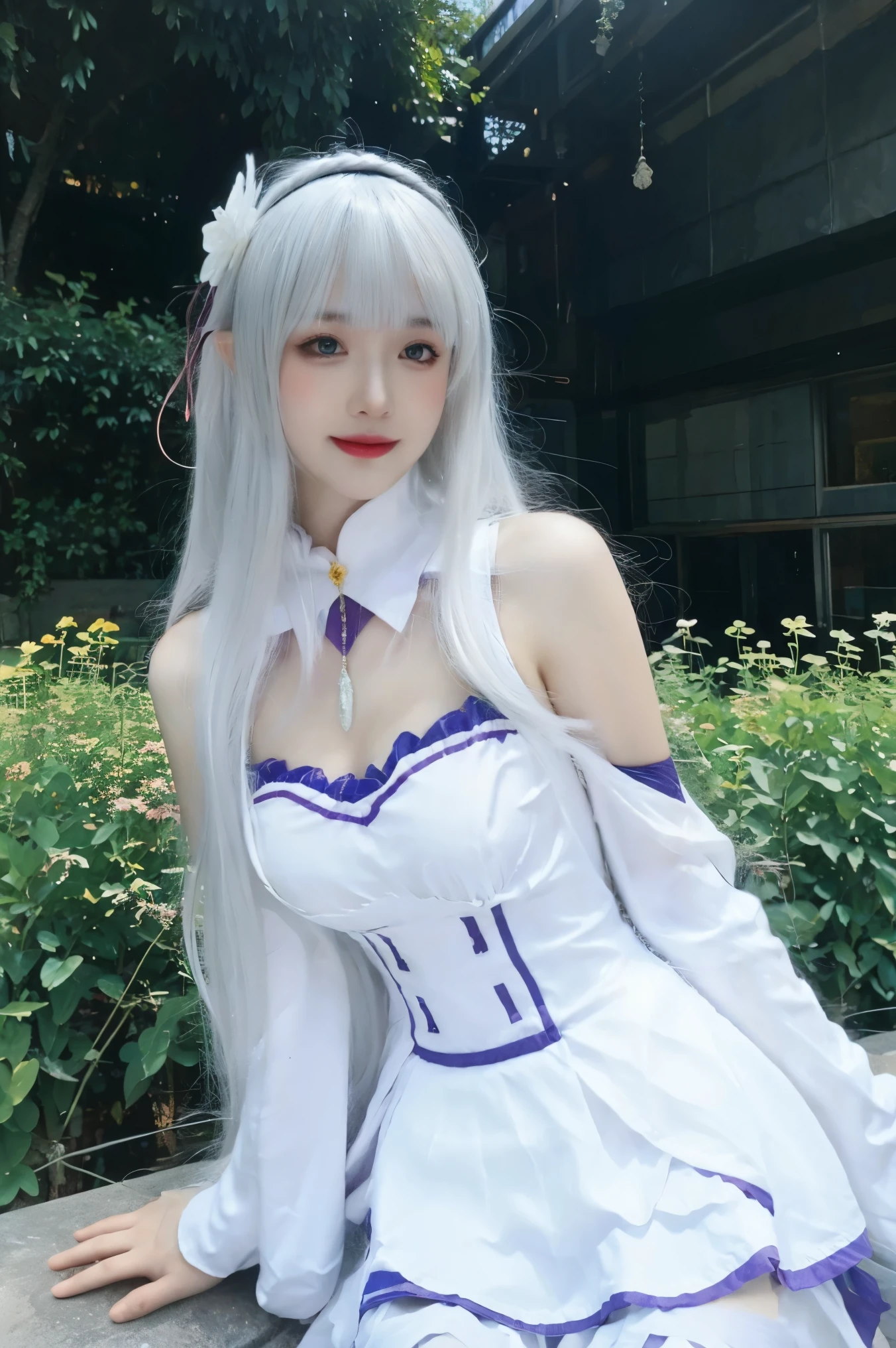 best quality, tmasterpiece,Ultra-high resolution,Clear face,(Reality:1.4),ferpect lighting,(upper body photo:1.5), (photorealistic:1.50), anime wallpaper, Guviz style artwork, cover-up fantasy up to magic , by Yang J, Guviz, beautiful artwork illustration, beautiful digital artwork, beautiful digital illustration, Li Song, beautiful anime portrait, art style in Beauvot, 1girl, emilia, blunt bangs, long hair, crown braid,
white dress, detached collar, wide sleeves, x hair ornament, hair flower, hair ribbon, white thigh boots, cleavage, purple frills, pleated_white_skirt
sitting on bench, Garden, arms at sides,
looking at viewer, (smile:1.2), blush, from above,
