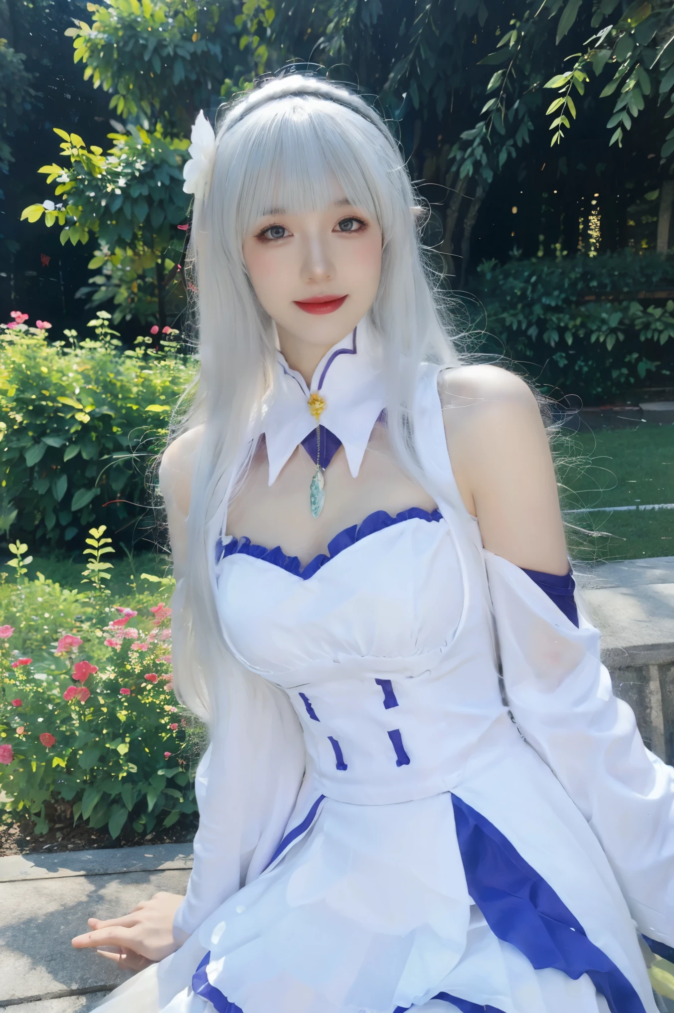 best quality, tmasterpiece,Ultra-high resolution,Clear face,(Reality:1.4),ferpect lighting,(upper body photo:1.5), (photorealistic:1.50), anime wallpaper, Guviz style artwork, cover-up fantasy up to magic , by Yang J, Guviz, beautiful artwork illustration, beautiful digital artwork, beautiful digital illustration, Li Song, beautiful anime portrait, art style in Beauvot, 1girl, emilia, blunt bangs, long hair, crown braid,
white dress, detached collar, wide sleeves, x hair ornament, hair flower, hair ribbon, white thigh boots, cleavage, purple frills, pleated_white_skirt
sitting on bench, Garden, arms at sides,
looking at viewer, (smile:1.2), blush, from above,