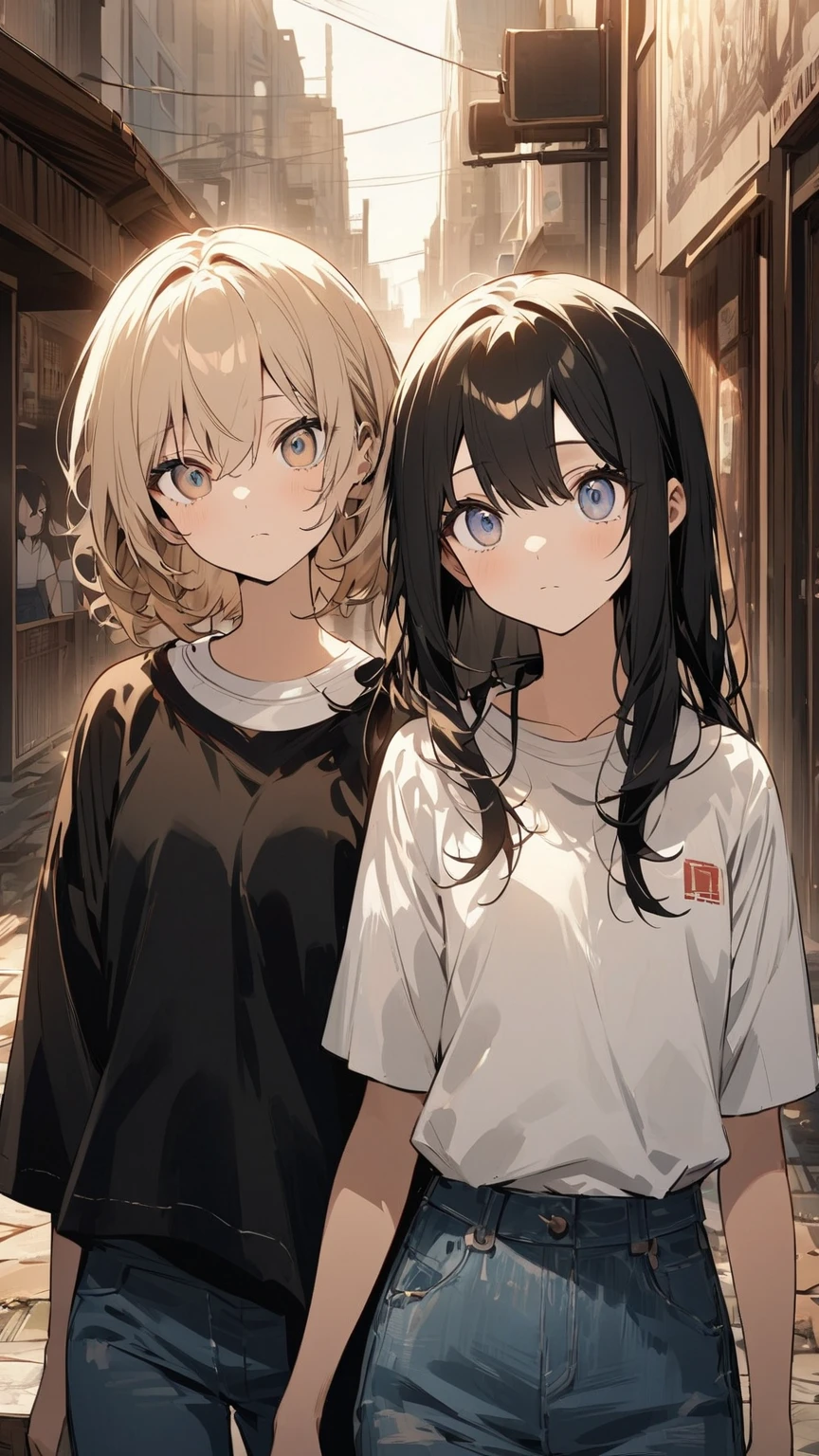 (((single panel 、 one picture、 illustration)))、Two anime-style young women 、 and wear 、 have beautiful white T-shirts and denim pants 、 or casual clothes 、 stand side by side in a peaceful urban park 。especially、 the two look closely at each other 、 their serious looks stand out even more 。Soft natural light is on wood 々Insert between、 bring warmth and serenity to the whole scene 、 their serious eyes stand out even more 。The scene is、9: by putting their eyes together {x} they express deep trust and closeness by putting their eyes together {x} 16's It is drawn with particular attention to detail in high definition with an aspect ratio。