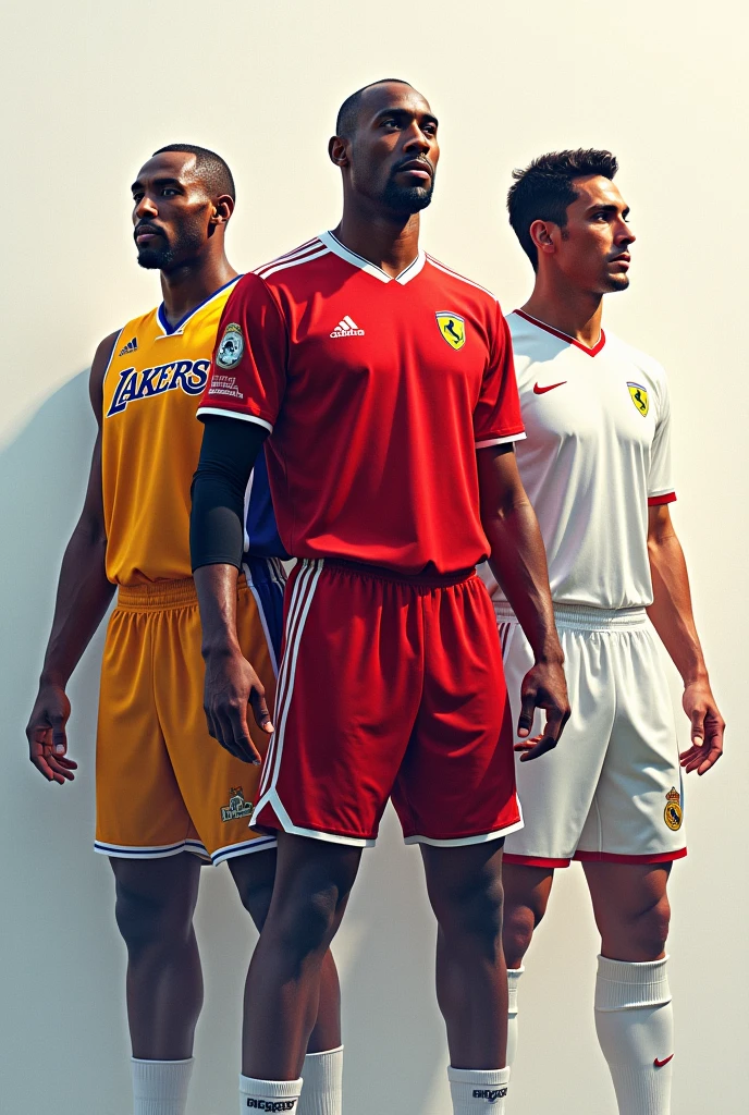 Create a computer background photo for me, With the image of Kobe Bryant wearing the Lakers jersey, Ayrton Senna with the Ferrari jersey and Cristiano Ronaldo with the Real Madrid jersey