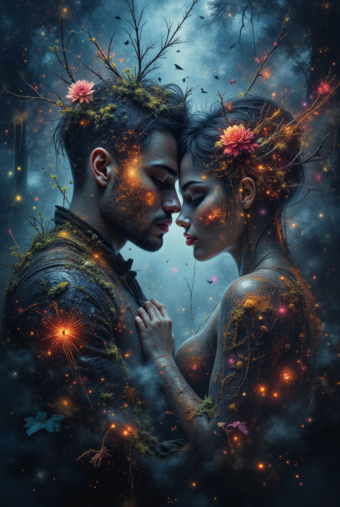 A hypermaximalist, abstract, punk-inspired digital illustration of a man and woman embracing, set amidst a mystical forest environment with dramatic, moody lighting and an ethereal atmosphere. The couple's hair transforms into vines (1.4) as they merge with the surrounding foliage, exhibiting botanical metamorphosis (1.3) and organic transformation (1.2). Intricate fractal patterns and mathematical vegetation patterns (1.3) flow through the scene, with sacred geometry in nature. Bioluminescent details and hyperdetailed plant textures add depth, while mathematical equations subtly flow through the environment. The portrait features a mix of realistic and dreamlike qualities, reminiscent of Salvador Dali's surrealist style, with a melting oil on canvas effect in the matte background. Incorporating graffiti strokes and ink splash art, the piece blends urbanpunk and surreal elements, evoking an emotional depth and love mood, enhanced by soft ambient lighting and a cinematic composition with depth of field, rendered in stunning 8k resolution with the level of detail expected from Artstation and Unreal Engine 5 with Octane render.