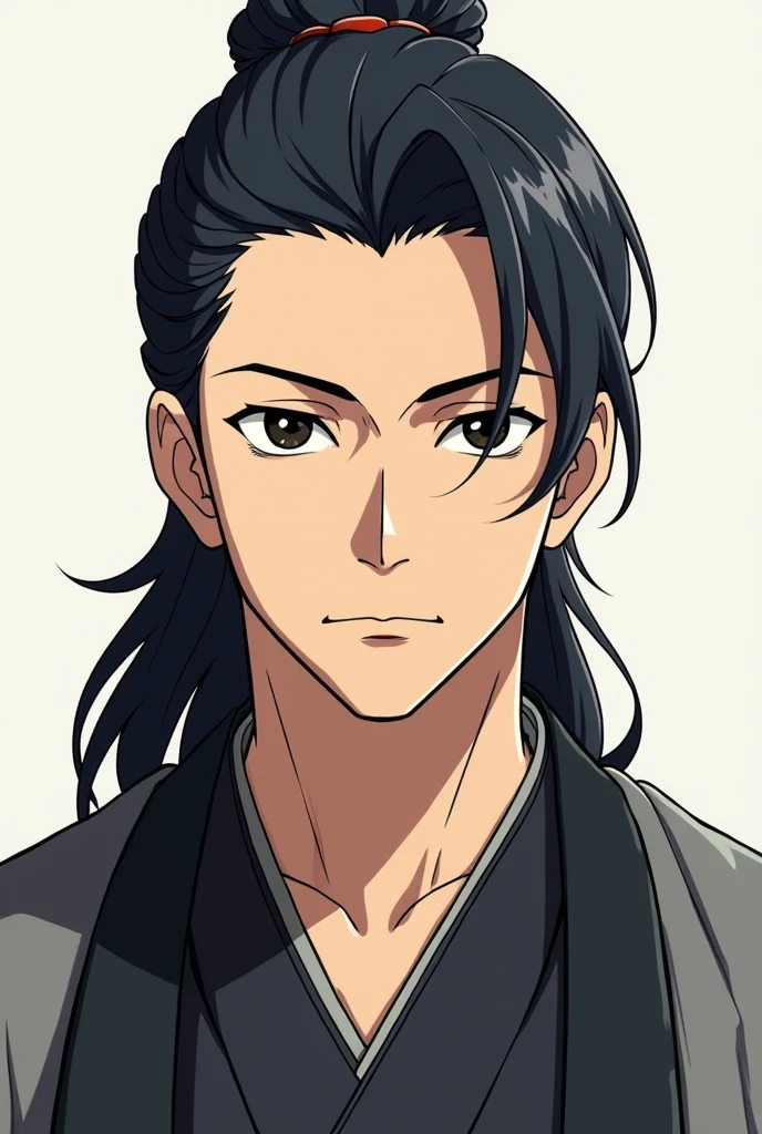 Let the design be an anime one. A man in his forties. Body of a simple Japanese man. long black hair updo, hair with black eyes. Wearing a black and gray Haori