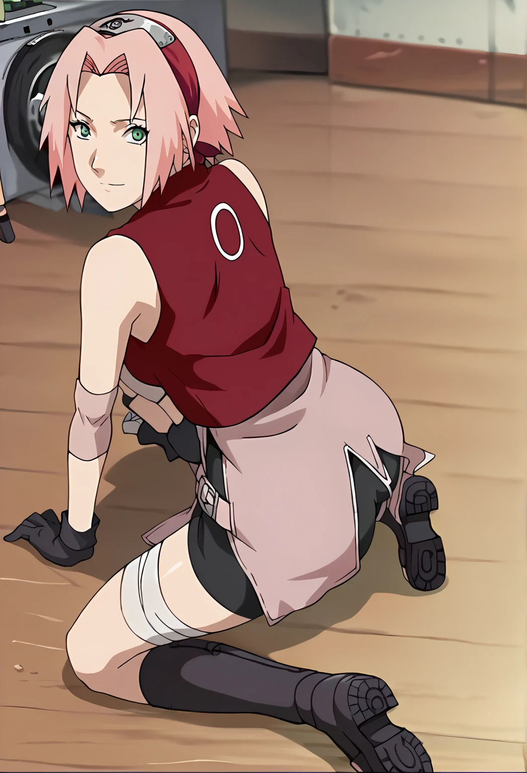  sakura scrunchie bracelet _Haruno, official_until, anime screencap,  masterpiece,  the best quality, absurdities, alone , Women,  doggy style camera,  wry smile,  focus on ass,  rear focus,  ass, red  sleeveless  minidress, cremallera, footwear without toes, bandaged leg,  pink short skirt,   sleeveless , pink hair,  short ass hair,  split bangs  ,   green eyes ,  Medium Breasts,  konohagakure symbol ,  black gloves .