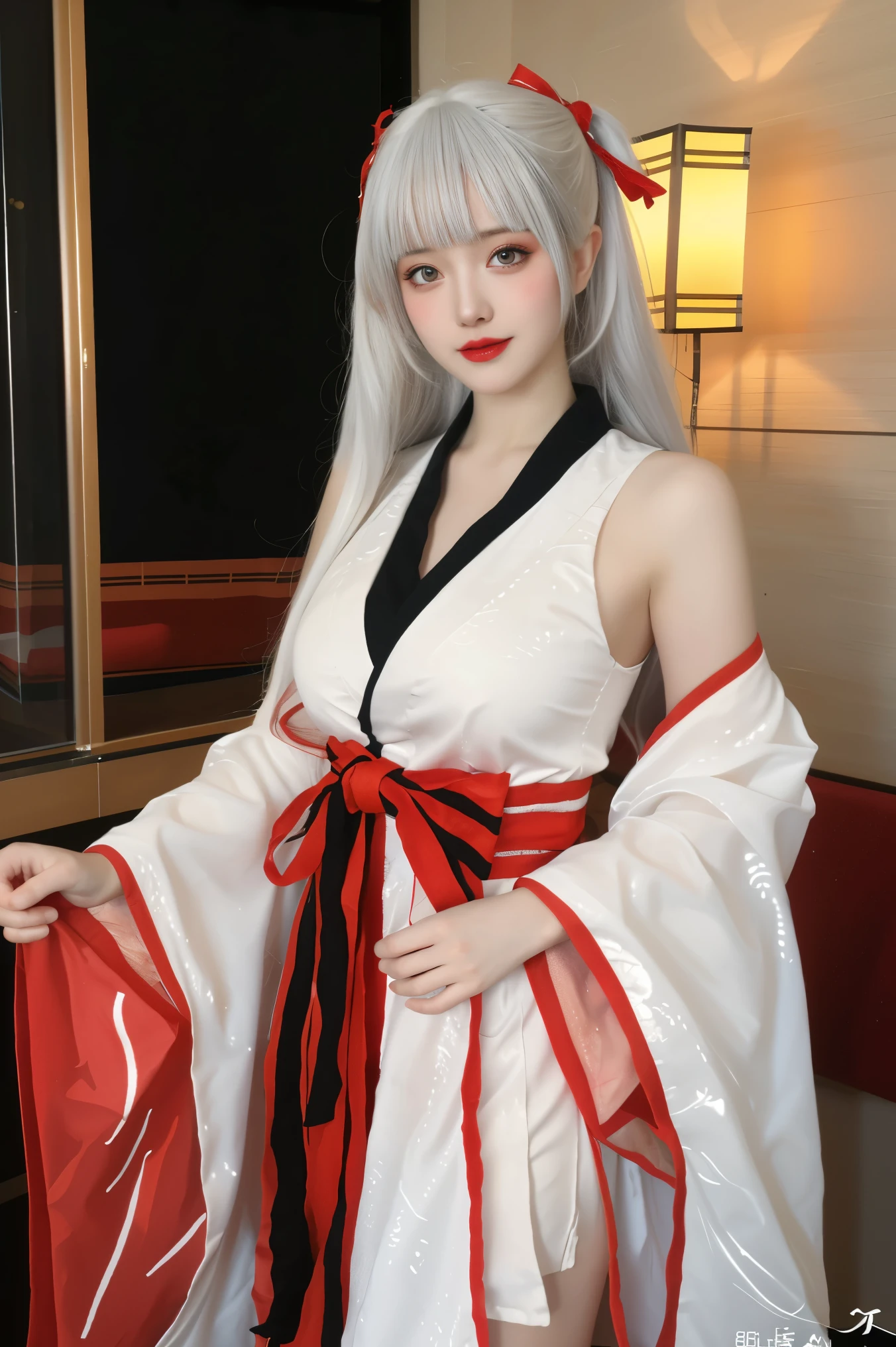 best quality, tmasterpiece,Ultra-high resolution,Clear face,（Reality：1.4），ferpect lighting，(upper body), ( photorealistic:1.50), anime wallpaper, Guviz style artwork, cover-up fantasy up to magic , By Yang J, Guviz, beautiful artwork illustration, beautiful digital artwork, beautiful digital illustration, Li Song, beautiful anime portrait, art style in Beauvot,  1girl ,  solo, long hair, white hair, hair ornament, hair ribbon, bangs, purple eyes, double eyelids, blush, Red cheeks,  kimono, wide sleeves, medium breast, shagging breasts, indoor, room, standing,