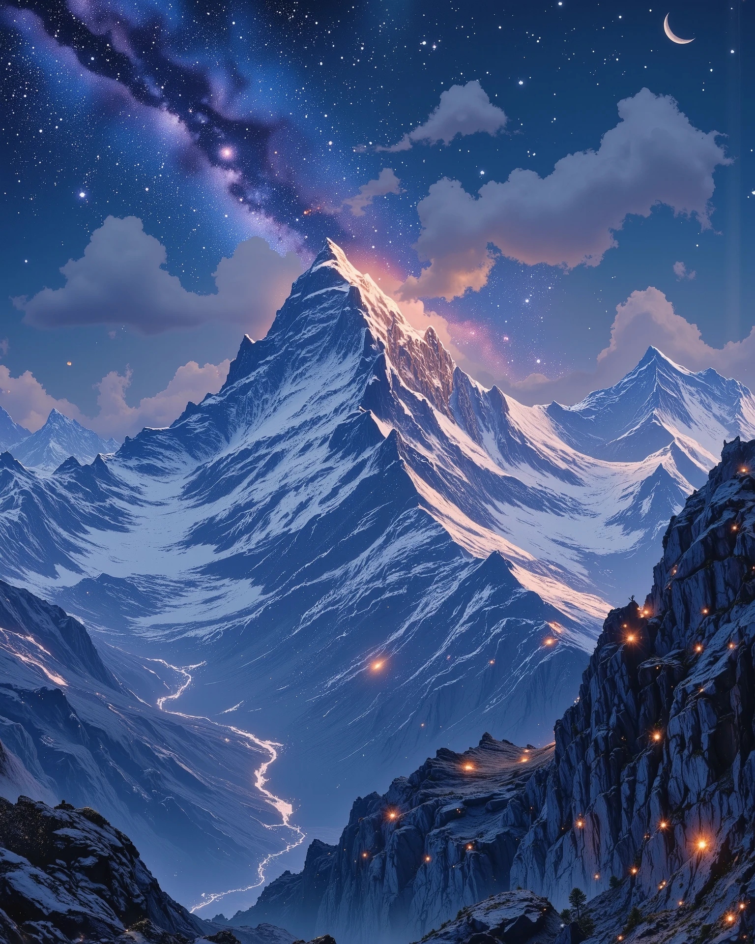Generate a stunning nighttime mountain landscape under a clear, star-filled sky with a vivid Milky Way stretching across the scene. The rugged, jagged peaks are dark and rocky, partially covered with patches of white snow that shimmer subtly in the low light. Small, warm orange glows scattered across the slopes resemble distant campfires. The sky transitions gently to the warm hues of twilight near the horizon. Maintain a balance between the cold, dark tones of the mountains and the vibrant, cosmic blue of the night sky, evoking a sense of awe and mystery."