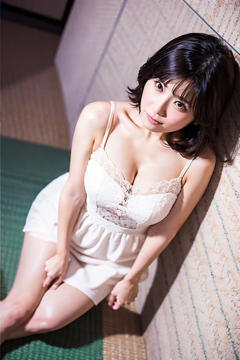 （8k, Best image quality, highest quality, detailed, Actual photo, Professional photography, High resolution, wallpaper, 超High resolution, Soft lighting, focal distance）,((masterpiece)), solo, ((highest quality)), ((Complex)), ((Super Realistic)), (Realistic), very detailed,M-shaped legs, (Big Breasts), beautiful and detailed eyes,  Star-shaped pupils, eyelash, double eyelid, (Droopy eyes), brunette bob hair, Brown eyes,  (background: underground), detailed background, Perfect Eyes, Captivating eyes, (Tear bags:1.4),(drooping eyes:1.5), Looking at the audience, (whole body) , ((stockings:1.2, High heels :1.2)),full body ,squatting ,wide open legs ,arms behind head ,make up ,Leg spread,Troubled face:1.3