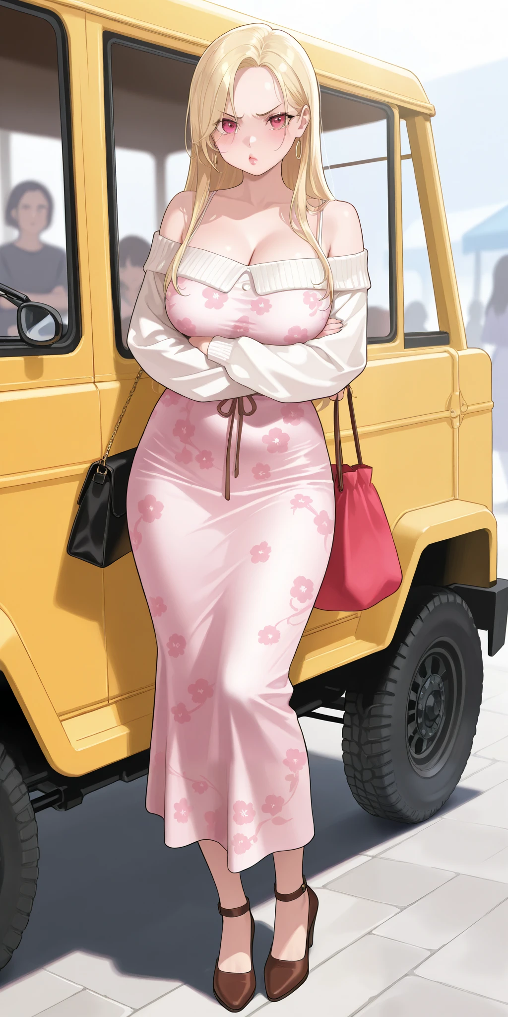 An extremely beautiful woman with blonde hair. She has extremely fair white natural skin, red plump lips, big pink eyes, and a slim yet slightly curvy body. She's wearing a long sky-blue floral dress with spaghetti straps, a pink front-open sweater worn in an off-shoulder style, and brown heels. She's standing straight, arms crossed, cute angry pouty expression, carrying a purse, a jeep, and a market in the background, show full body.