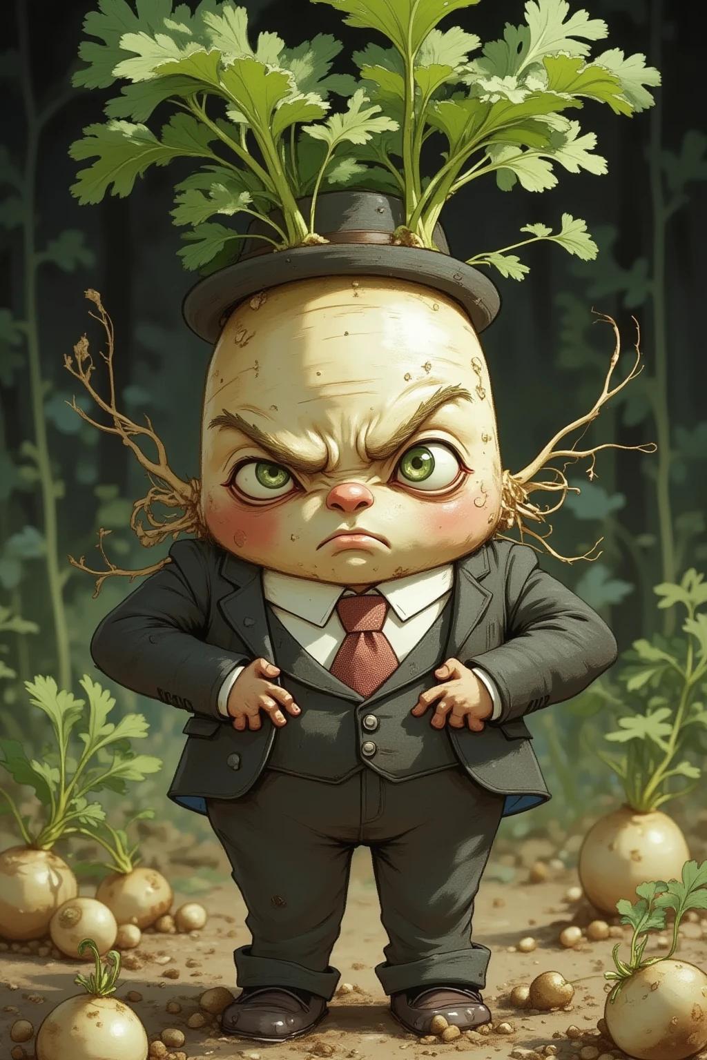 Close up of a radish wearing a suit and hat, Big round face, comics,Gonzo, muppet punk, short tie, angry, into one eye,Daikon in style , Posing with both hands in the suit jacket ,白い背景に描いた comicsスケッチ,Gonzo,muppet punk, Daikon sprouts from the ground fill the screen , raise my eyebrows,rough, mouth, sling, raise my eyebrows,
