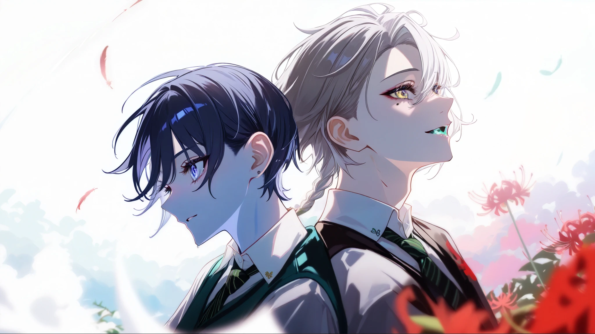 Woman on the left:
pale blue eyes
Do long, silver hair with one braid at the back、 style, and braids are popular on the left 。
slightly softens the eye area 。
with short 、 color contrast 。
slightly darker on the left side 、 slightly painful atmosphere 。
white shirt and blue vest、Wear a blue and yellow striped tie。
Man on the right:
dark blue eyes
With gray hair、 short hair。My bangs are sweeping backwards due to the wind。
Long Straight 、 pale light shines in 。
something like white smoke flowing from the mouth、Highlight the fantastic atmosphere 。
white shirt and green vest、Wear a green and white striped tie。
background:
Red Manjusaka(Red spider lily) is blooming in the full view。
elegant vibe 、 leaving a sad impression 。
feathers are dancing