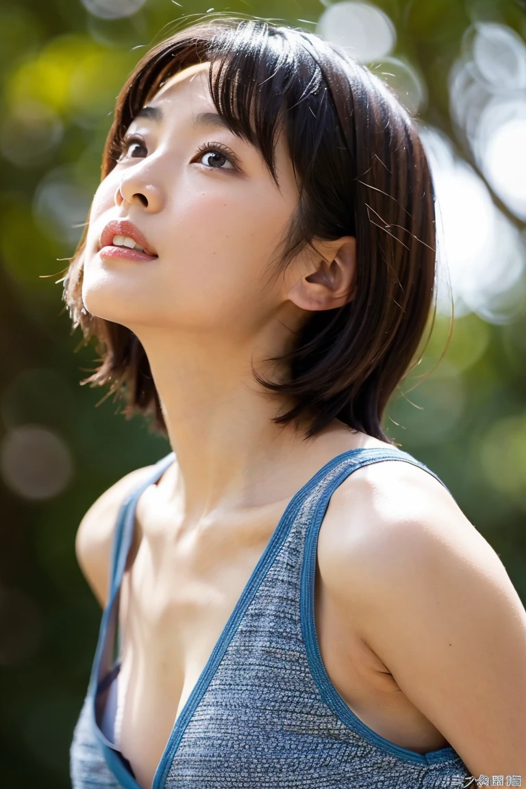 ((highest quality、8K resolution、master masterpiece、portrait:1.3)), Photoreal, 35mm film, 1 Japanese female,Beautiful woman, On the street in the daytime, wrinkles around the eyes, plump body,bangs、boyish_short hair,((topless:1.3)) , (outdoor_city street: 1.3), jumbled background,look at the audience