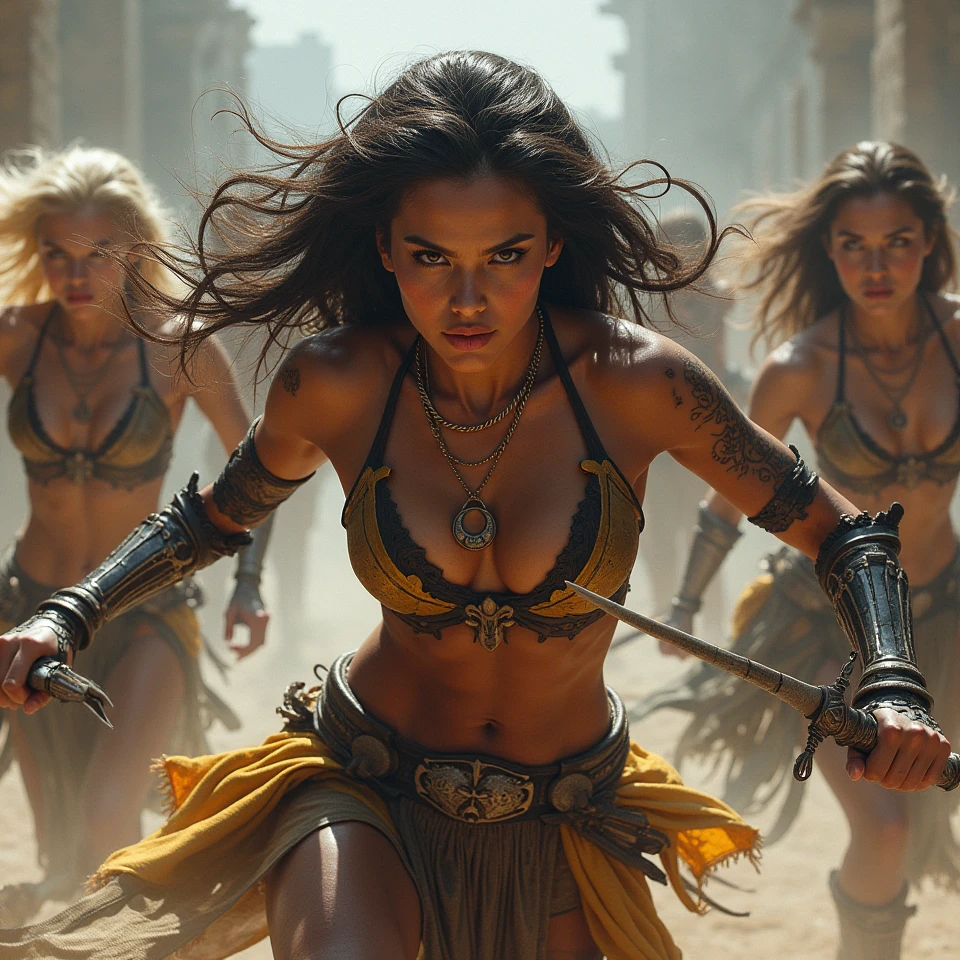 Women in StarWars slave outfits fight against droids with lightsabers and laser pistols
