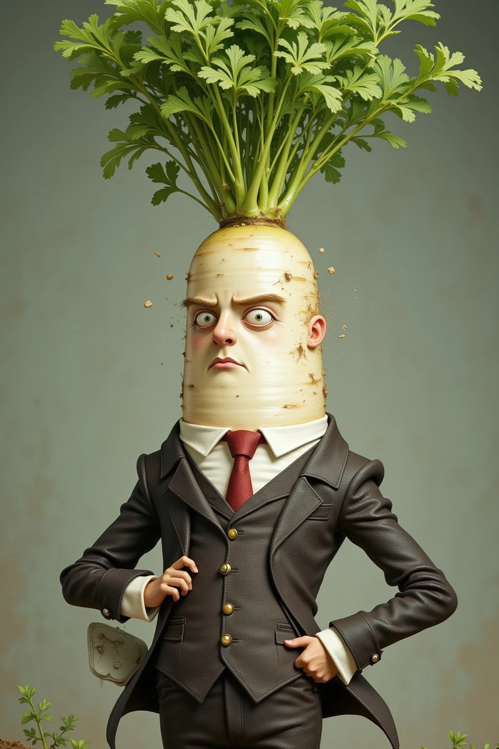 Close up of a radish wearing a suit and hat, Big round face, comics,Gonzo, muppet punk, short tie, angry, into one eye,Daikon in style , Posing with both hands in the suit jacket ,白い背景に描いた comicsスケッチ,Gonzo,muppet punk, Daikon sprouts from the ground fill the screen , raise my eyebrows,rough, mouth, sling, raise my eyebrows, Daikon shoots with lots of hair