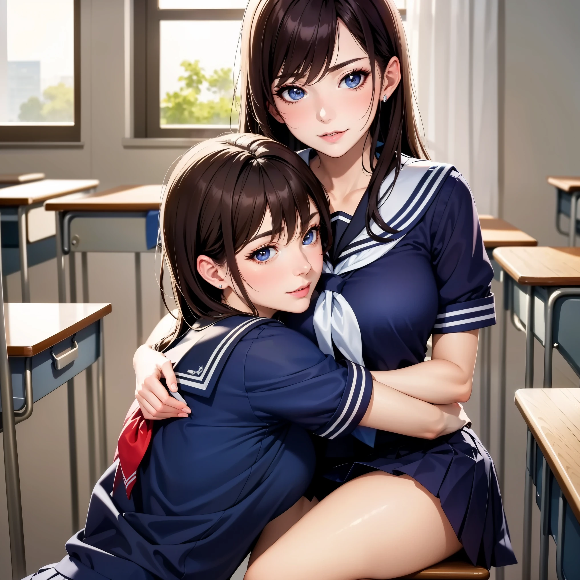 ((highest quality、High resolution、masterpiece))、(((2girls))), Portrait、A beautiful woman、Perfect body、beautiful ample breasts、classroom、high school girl、Sailor suit、No panties、Embarrassed、((Legs wide open、Lift up your skirt and show your pussy))、I&#39;m tempting you