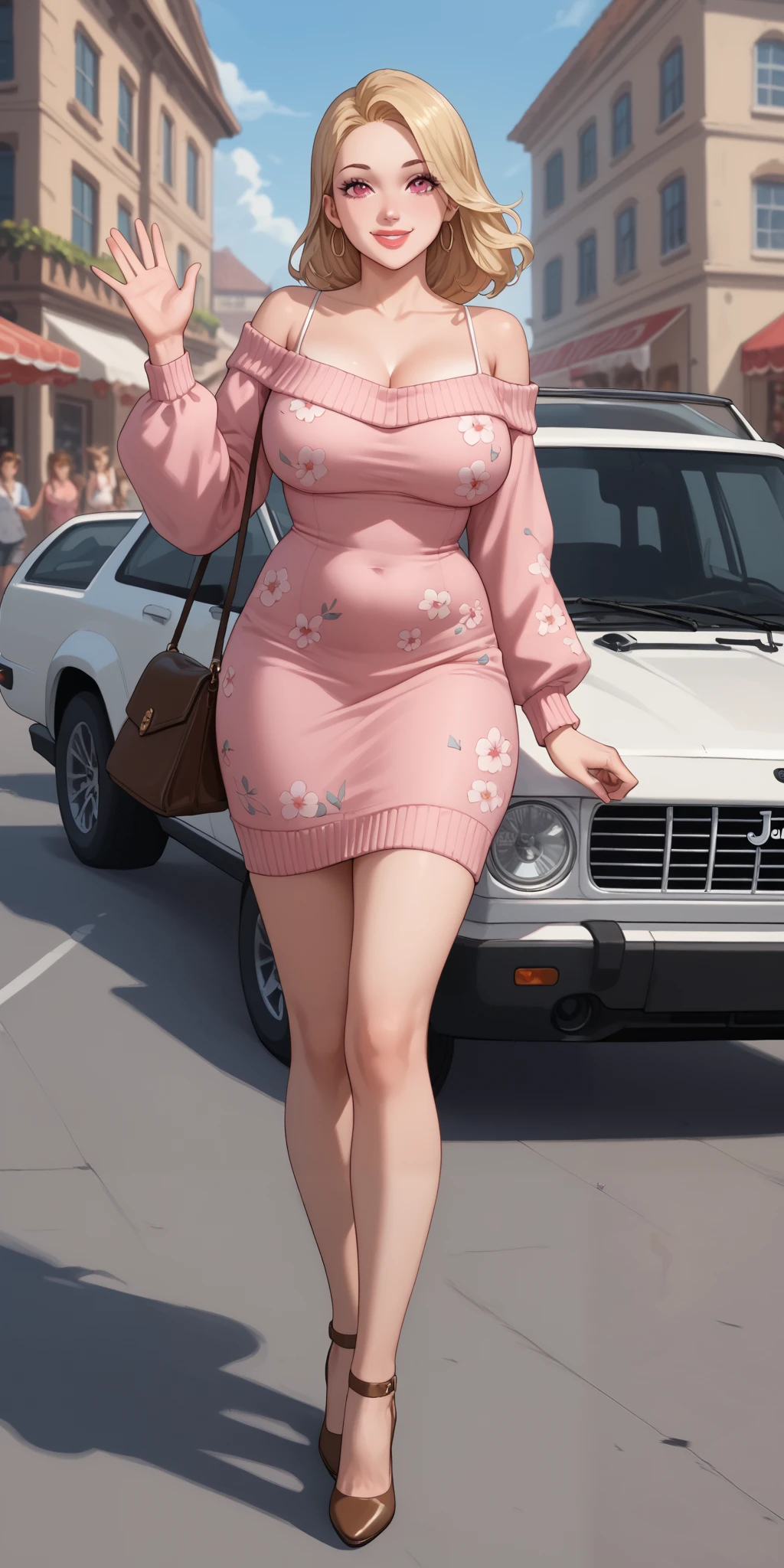 (best quality), big head, (1girl with gigantic breasts:1.3 ) Pink cardigan , flower dress theme , Korean , holding book , details hand , fat , sexy , brown hair , ultra Hd , 8k , Flat shoes , pretty , very details , sweet, details hand,details finger