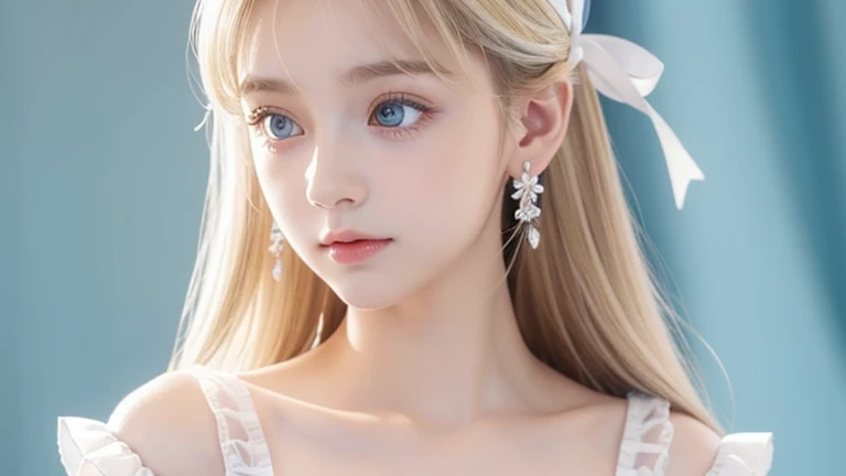 1 girl, The cutest beautiful girl in the world、bright look、very disheveled hair, Bright straight blonde hair shining golden dazzling、Very beautiful super long shiny hair、Very beautiful cute face、Glitter beautiful skin、solo、super high quality、hard focus、film grain、ultra high resolution、masterpiece、Nice detailed crystal clear pale light blue eyes that shine、very big eyes、round face、small face beauty、Young shiny cheeks、very beautiful disheveled long bangs
