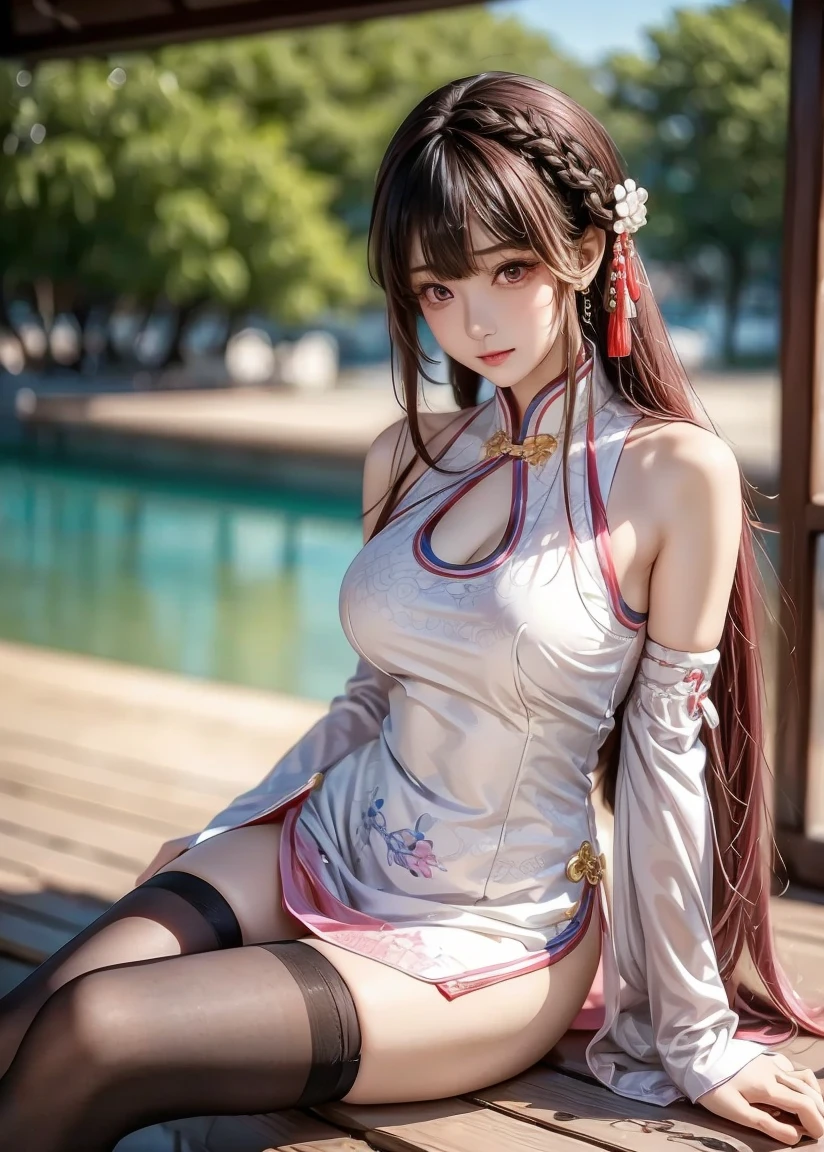 Ultra-high resolution, best quality, photo, 4k, (Practical:1.4), Girl with a garland on her head, Long blond hair, Large, firm breasts, Hard nipples, Sexy, Sharp eyes, rest, 动感Sexy姿势, Sweat, Wear (Red:1.2) Sheer Long Ruffle Dress, Lace long cape, jewelry, Cleavage exposed, Add light purple and purple, Add light red, Intricate details, Startup Screen,