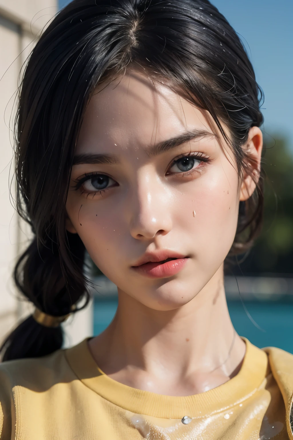 The highest image quality, tmasterpiece, Super tall:1.4), Number of photos, 1 girl in,Highly Detailed Face and Skin Textur, detailed eyes , photorealistic eye, beautiful detailed eyes, (Realistic skin), Attractive, Ultra-high sharpness, hyperrealistic, Very meticulous, the golden ratio, (sweatshirts, water leakage, that'It's too dark, be desperate, compassionate, Poor, film lighting, watery big eyes, watery big eyes, (Torn clothes: 1.5), ((wetclothes: 1.4)), shoulder, True rain, Wet hair, ((Korea, of the whole body))