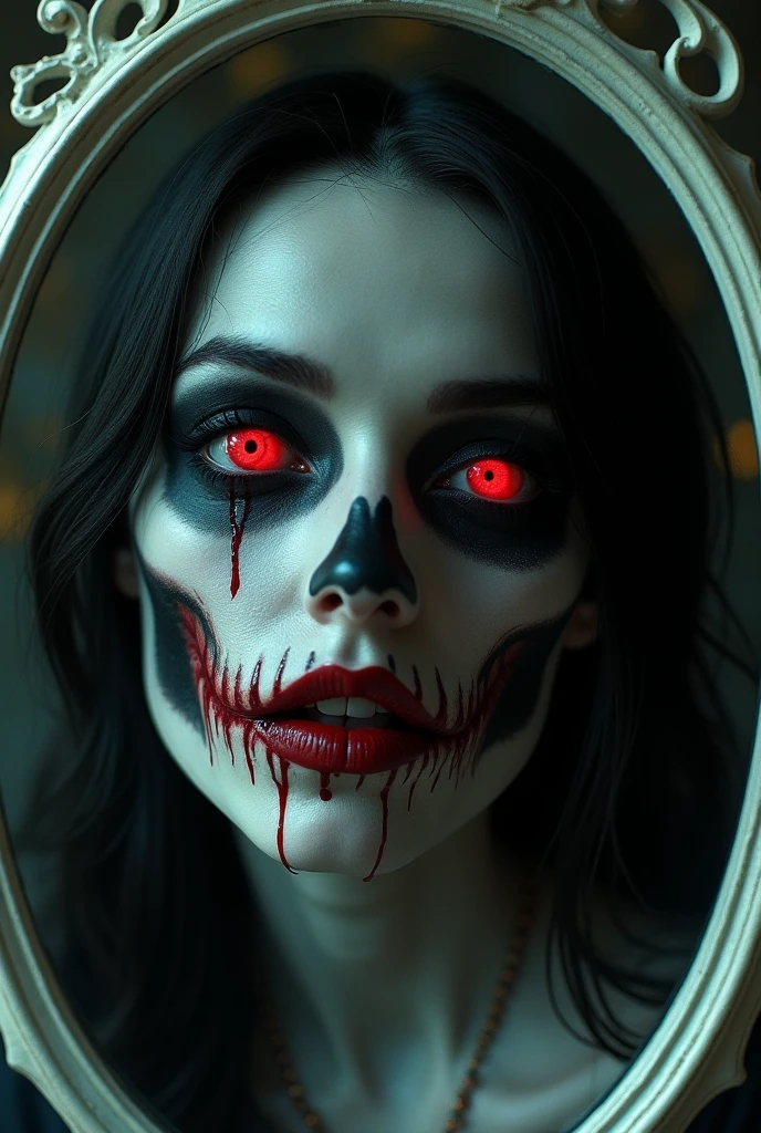 aa portrait of vampire with a bloody tear coming down from he eye, an exotic beautiful female vampire, red hair color, dynamic hair style, ultra detailed face, best detailed face, silver eye color, ((1single red teardrop: 1.3)), ((tear drop made from blood)), ((teardrop coming down from the eye: 1.3)), small cleavage, wearing two black diamond earrings, Ultra-high resolution, High Contrast, (masterpiece:1.5), highest quality, Best aesthetics), 16K fantasy art, best details, best quality, highres, (ultra wide angle: 1.2), 16k, [ultra detailed], masterpiece, best quality, (extremely detailed), ladyshadow, magical sky, crying style, vampire teeth