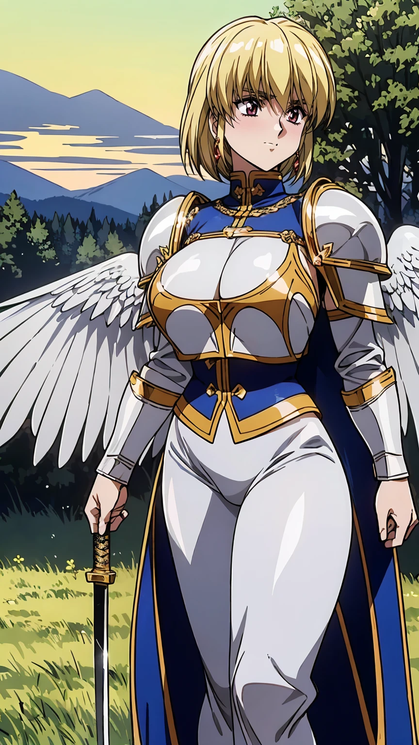 sexy, girl, (angel), (armor), (wings:1.1), pink eyes, huge boobs, (breast plate:1.5), breast armour, clouds, white hair