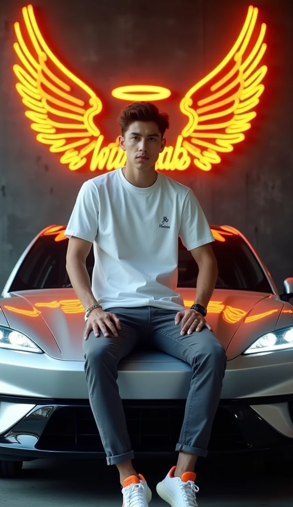 Create a 3D illustration for a profile picture where a cute boy in a black hoodie Sitting casually on a red ferrari car. Wearing air jordan shoes, he looks ahead. The background features "BILLDCRUZ" in big and capital blue neon light fonts on the dark grey wall. and there are wings to make it appear as if he is an angel.