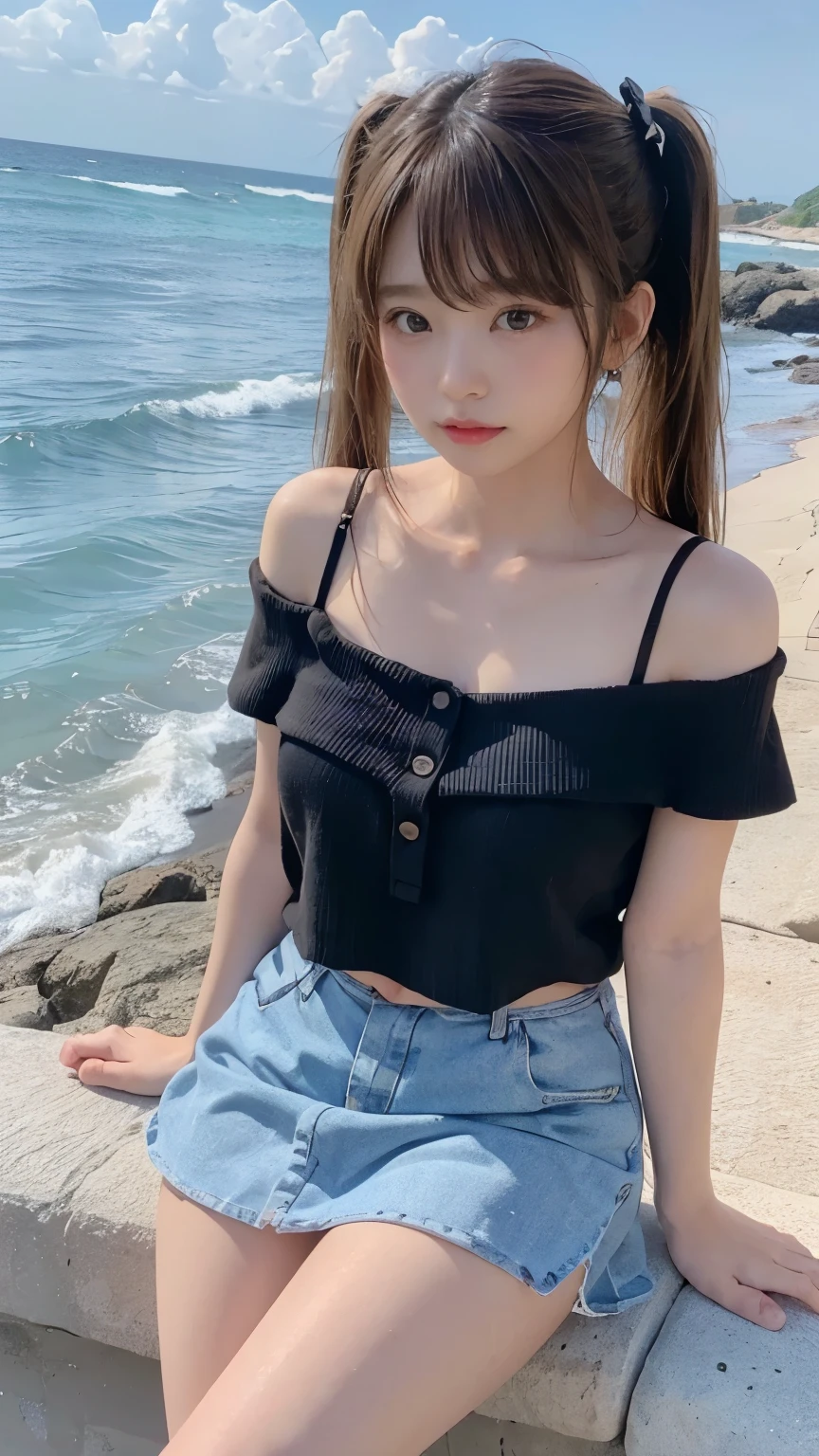 Highest quality, 8K,( 、girl)、Fluffy long hair、Tank top、mini skirt、Wet body、smile、 the sea,